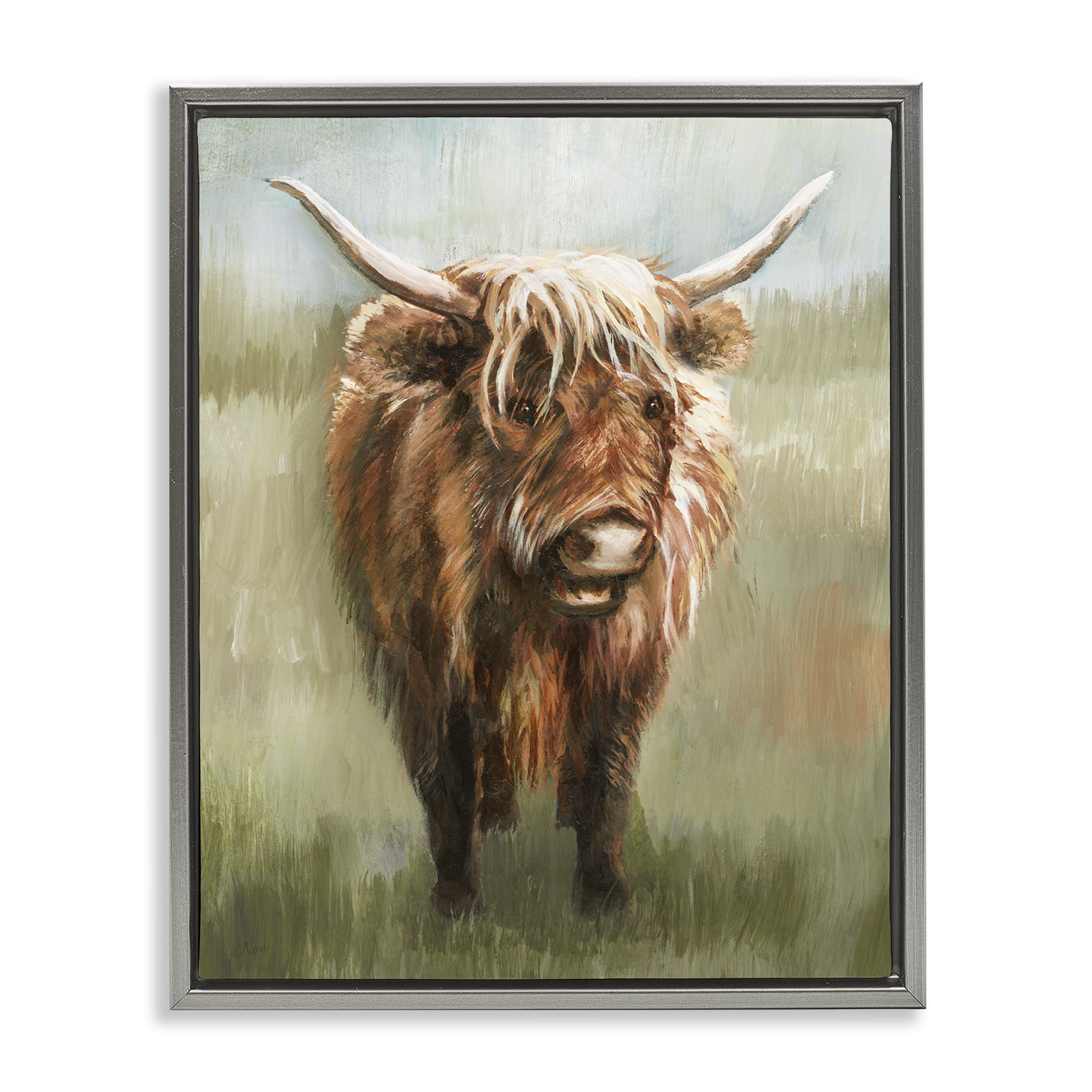 Stupell Industries Highland Cattle Painting Animals & Insects Painting Gray Floater Framed Canvas Art Print Wall Art, 17 x 21