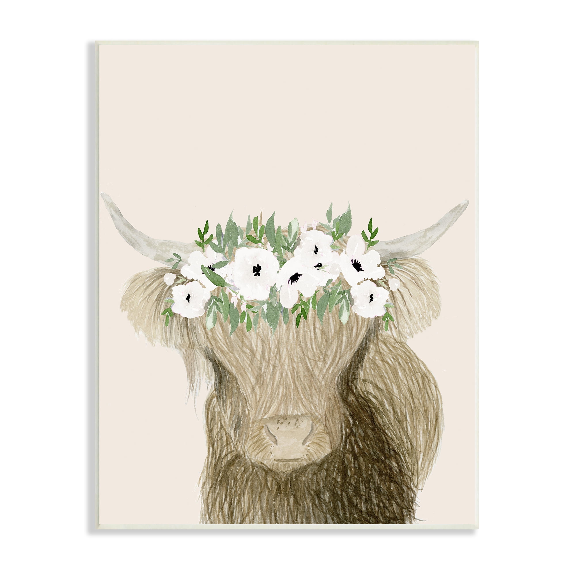 Stupell Industries Highland Cattle Portrait White Poppy Floral Crown Rustic, 10 x 15, Design by Lucille Price