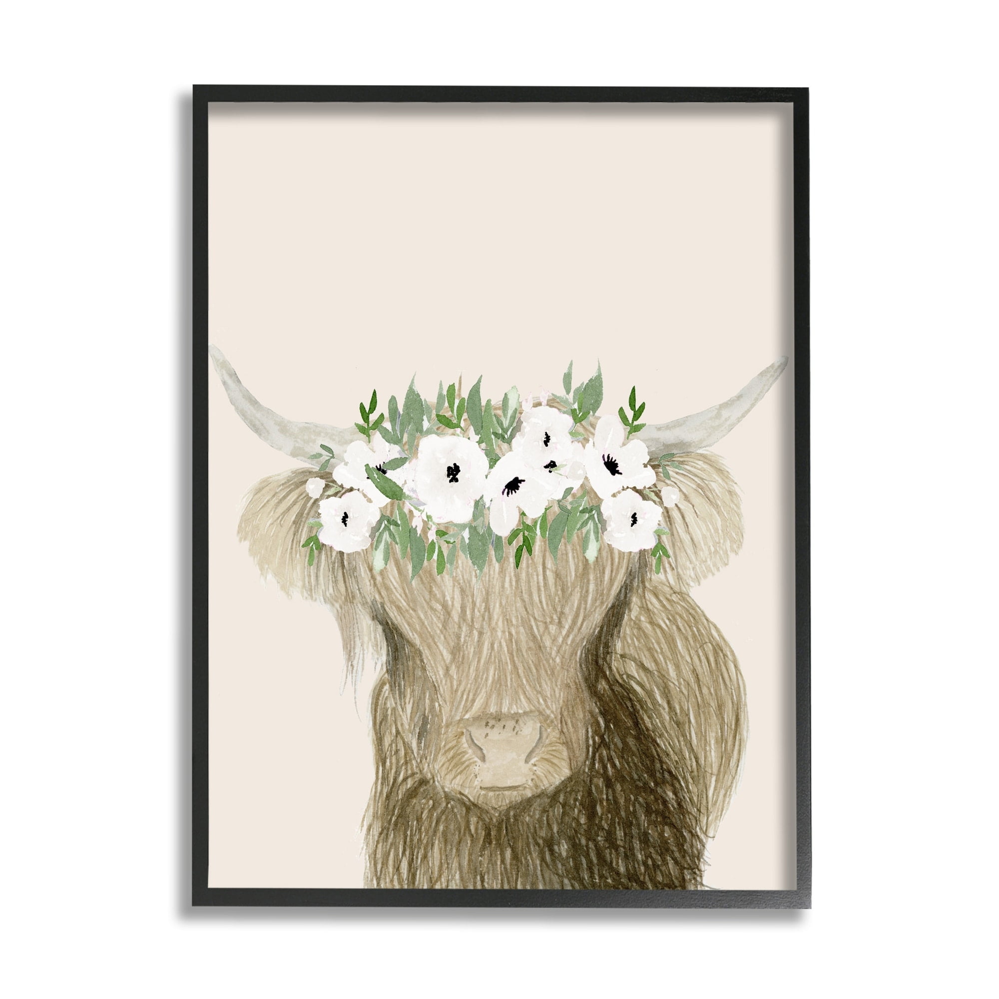 Stupell Industries Highland Cattle Portrait White Poppy Floral Crown Rustic, 11 x 14, Design by Lucille Price
