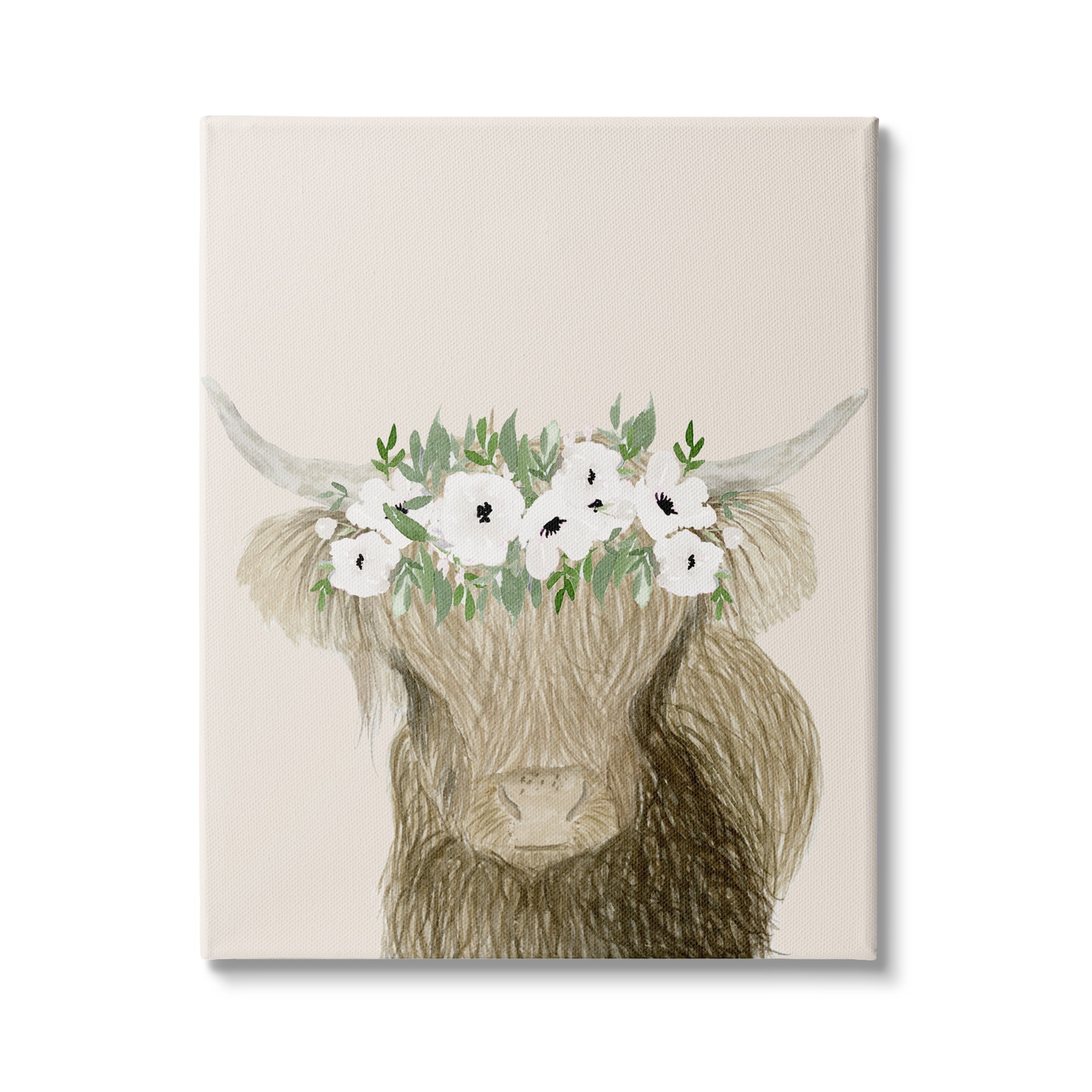 Stupell Industries Highland Cattle Portrait White Poppy Floral Crown Rustic, 16 x 20, Design by Lucille Price