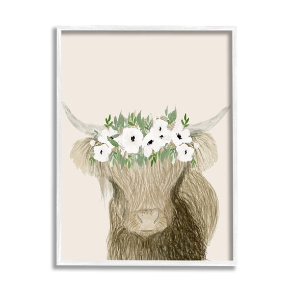 Stupell Industries Highland Cattle Portrait White Poppy Floral Crown Rustic, 24 x 30, Design by Lucille Price