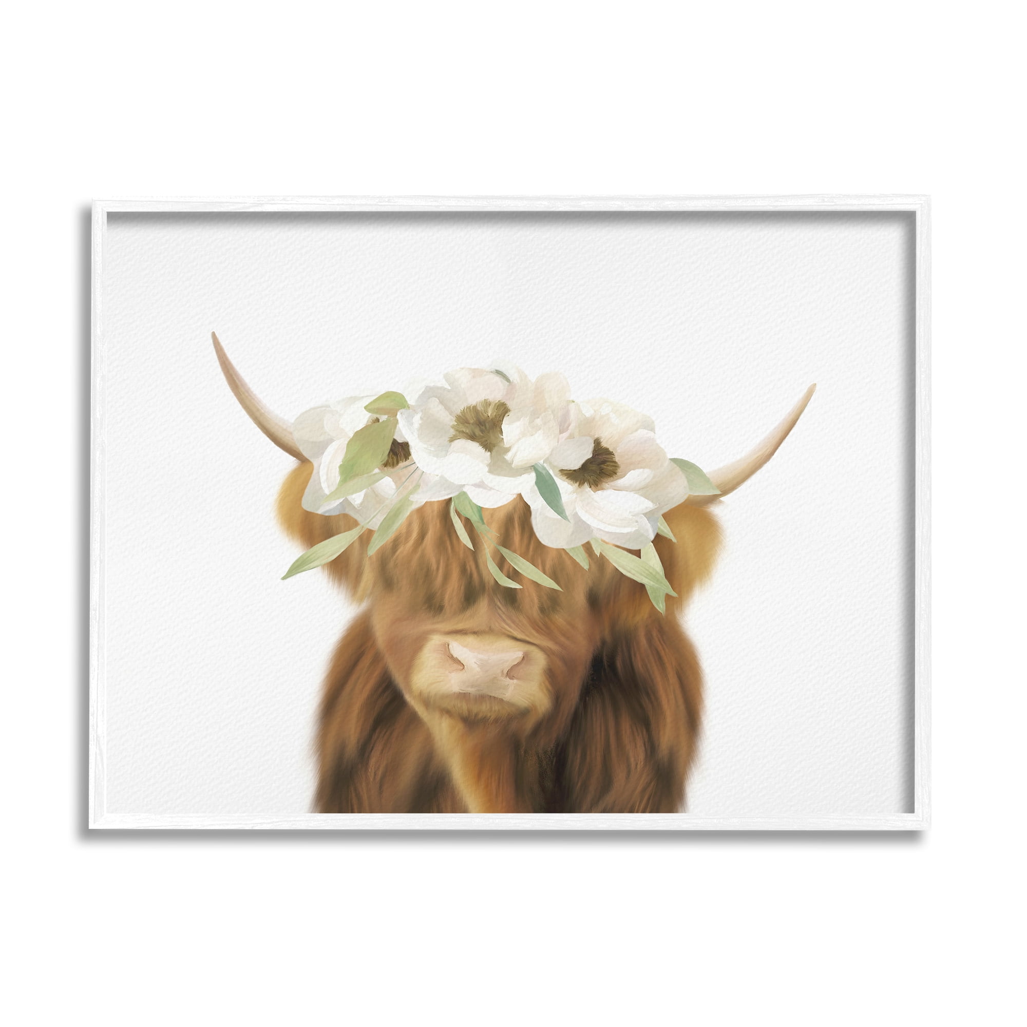 Stupell Industries Highland Cattle White Flower Crown Minimal Design , 14 x 11, Design by Leah Straatsma