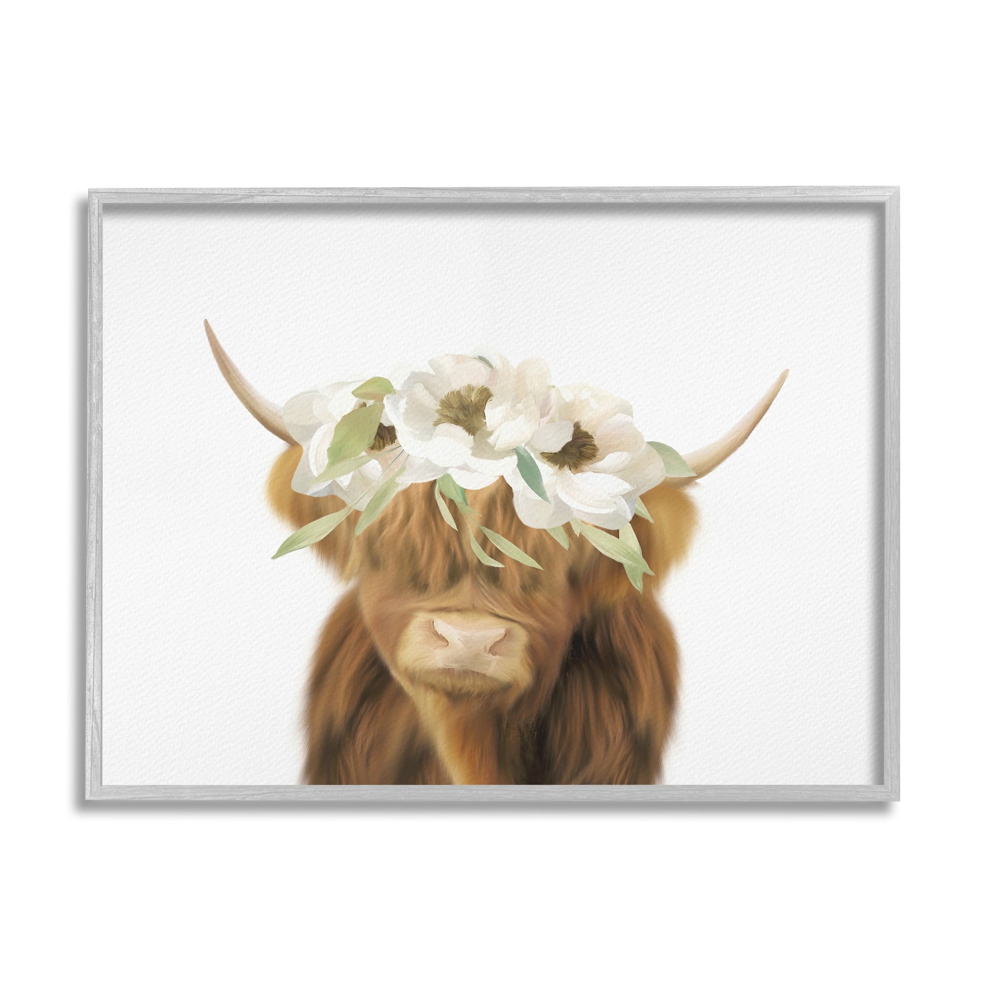 Stupell Industries Highland Cattle White Flower Crown Minimal Design , 20 x 16, Design by Leah Straatsma