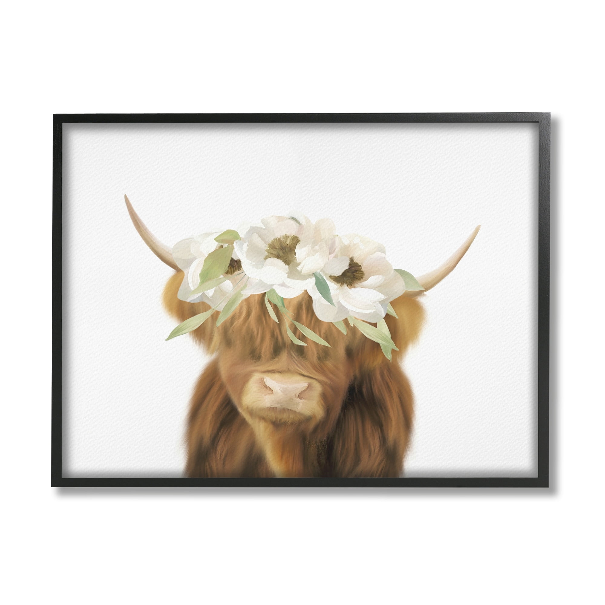 Stupell Industries Highland Cattle White Flower Crown Minimal Design , 30 x 24, Design by Leah Straatsma