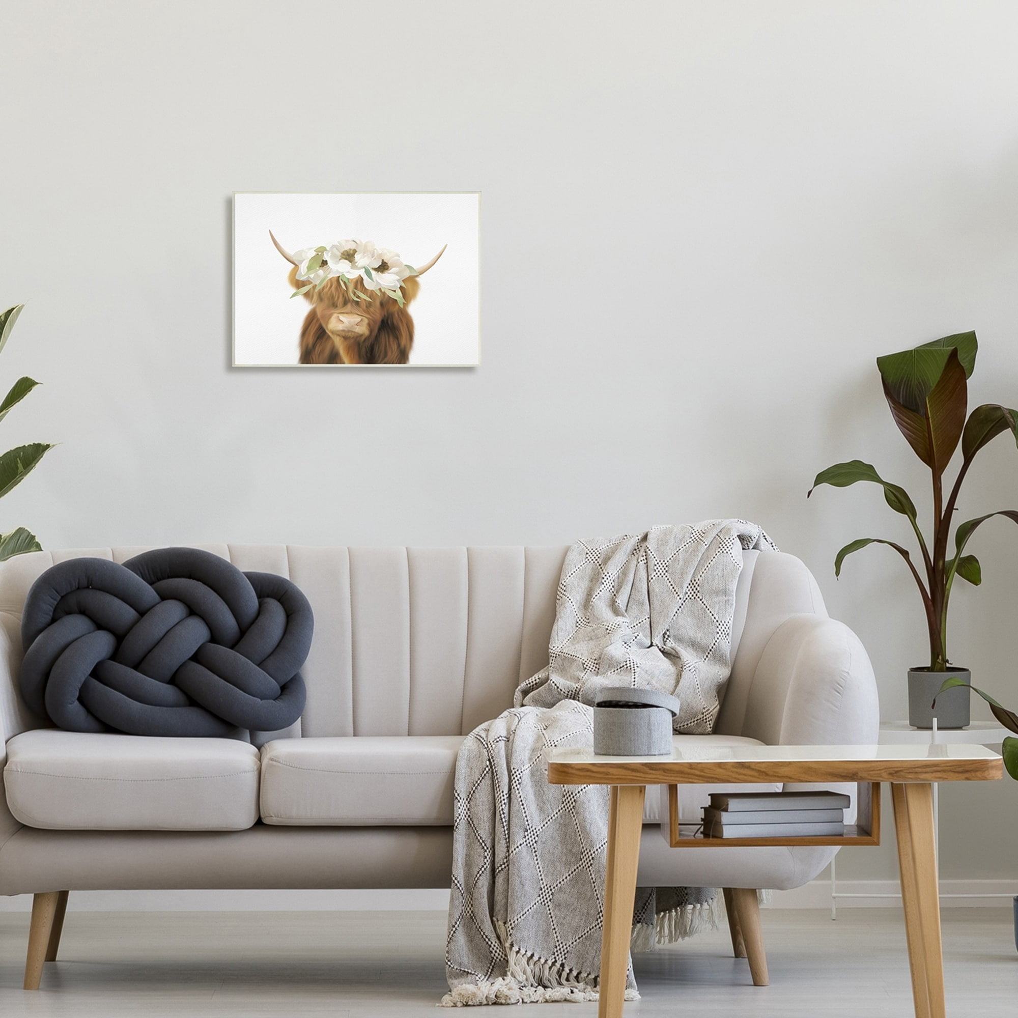 Stupell Industries Highland Cattle White Flower Crown Minimal Design Paintings Unframed Art Print Wall Art, 19x13, by Leah Straatsma