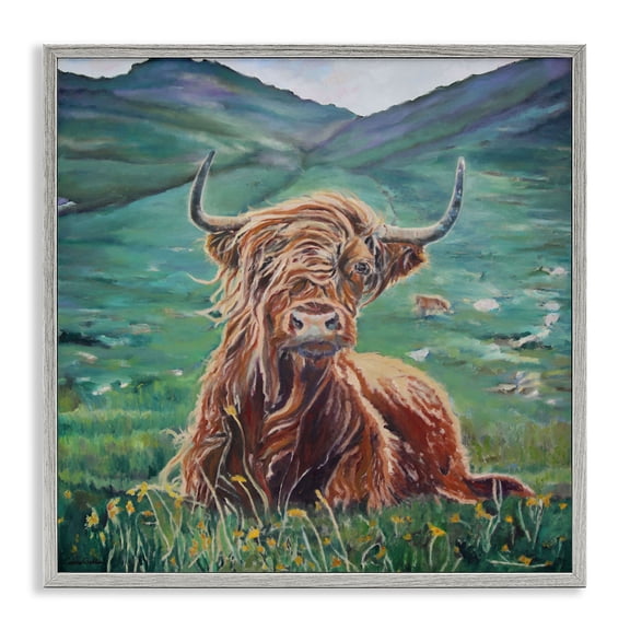 Stupell Industries Highland Cattle Windblown Gray Framed Giclee Art design by Carrie Goller, 12 x 12