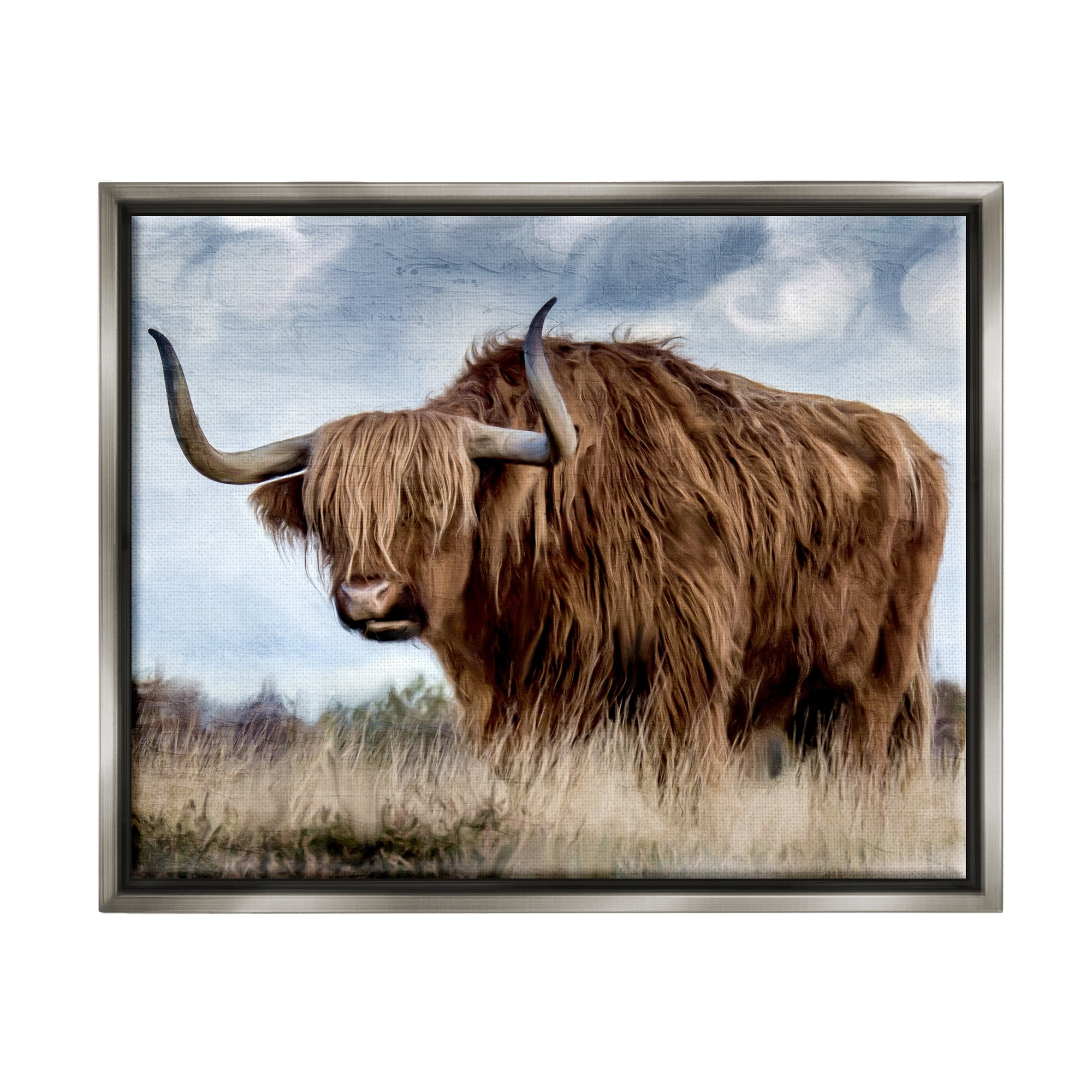 Stupell Industries Highland Cattle in Field Animals & Insects Painting Gray Floater Framed Canvas Art Print Wall Art, 21 x 17