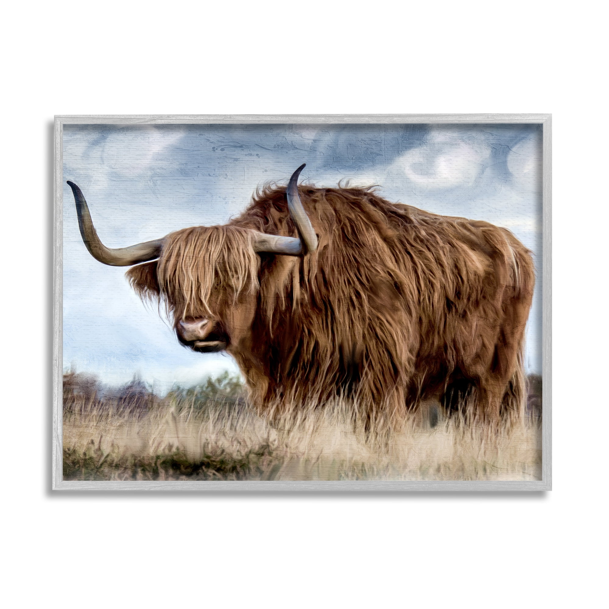Stupell Industries Highland Cattle in Field Animals & Insects Painting Gray Framed Art Print Wall Art, 20 x 16