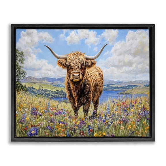 Stupell Industries Highland Cattle in Summer Meadow Animals Painting Black Floater Framed Canvas Art Print Wall Art, 21 x 17