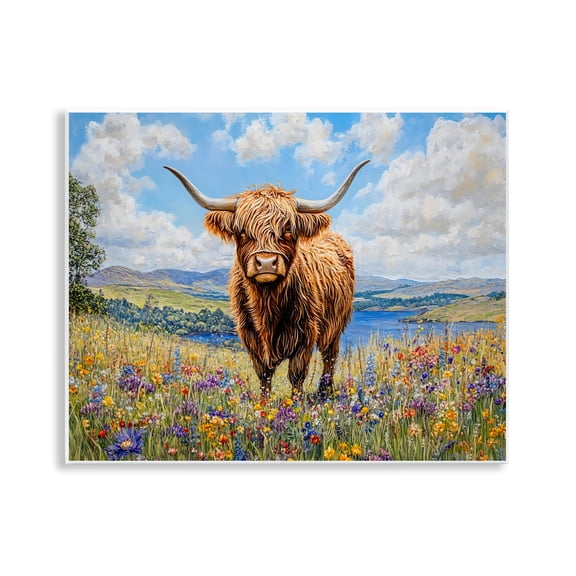 Stupell Industries Highland Cattle in Summer Meadow Animals Painting Unframed Art Print Wall Art, 14 x 11