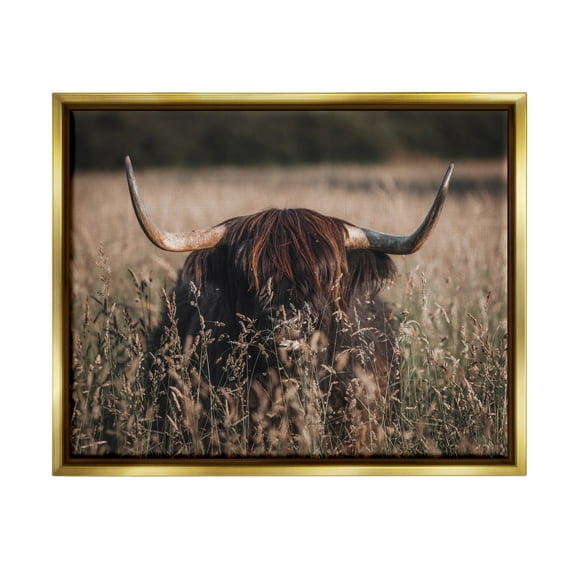 Stupell Industries Highland Cattle in Tall Grass Animals & Insects Photography Gold Floater Framed Art Print Wall Art