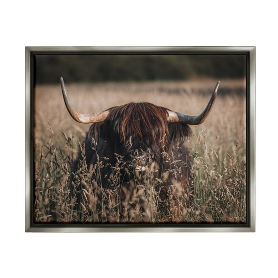 Stupell Industries Highland Cattle in Tall Grass Animals & Insects Photography Gray Floater Framed Art Print Wall Art