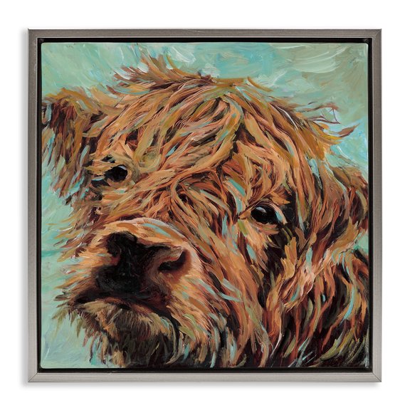 Stupell Industries Highland Cattle on Green Gray Framed Floater Canvas Wall Art design by Wani Pasion, 18 x 18
