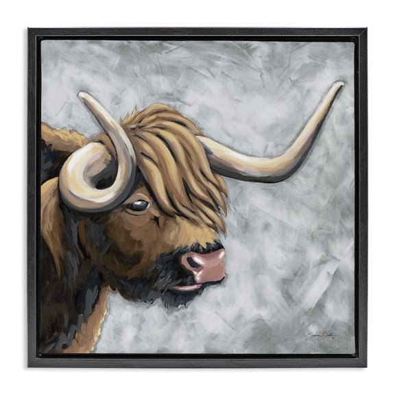 Stupell Industries Highland Cattle with Curved Horn Black Framed Floater Canvas Wall Art design by Sara Baker, 18 x 18