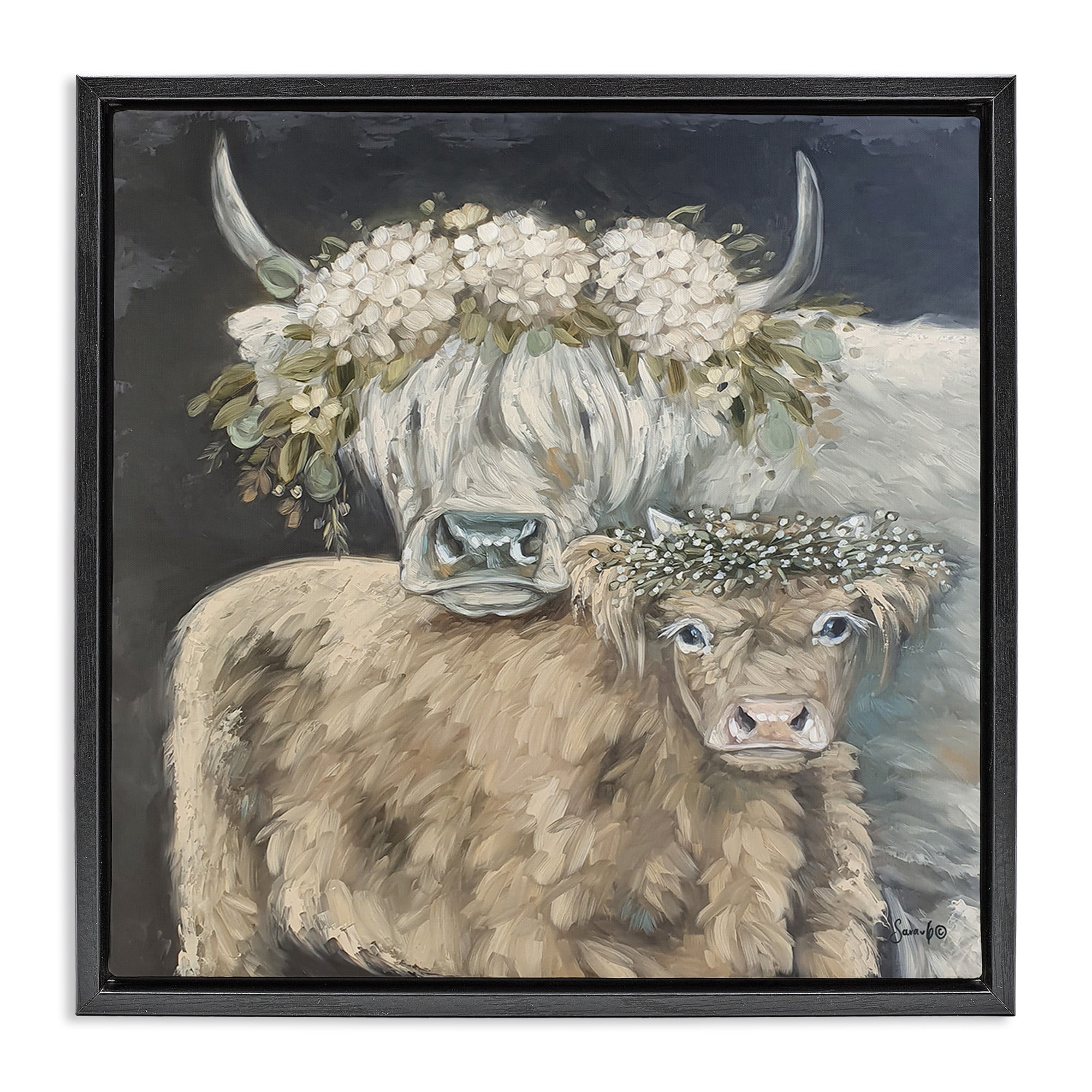Stupell Industries Highland Cattle with Flower Garlands Animals & Insects Painting Black Floater Framed Canvas Art Print Wall Art, 25 x 25
