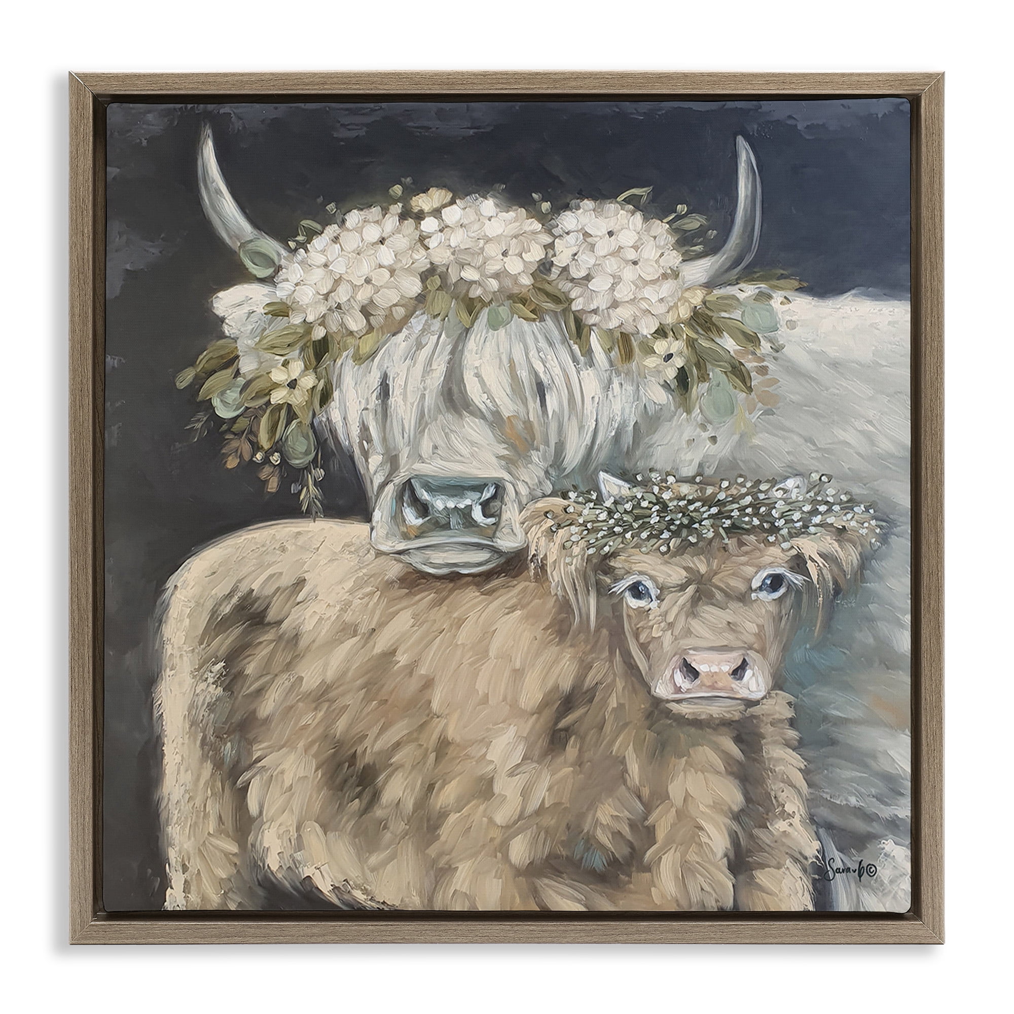 Stupell Industries Highland Cattle with Flower Garlands Animals & Insects Painting Brown Floater Framed Canvas Art Print Wall Art, 25 x 25