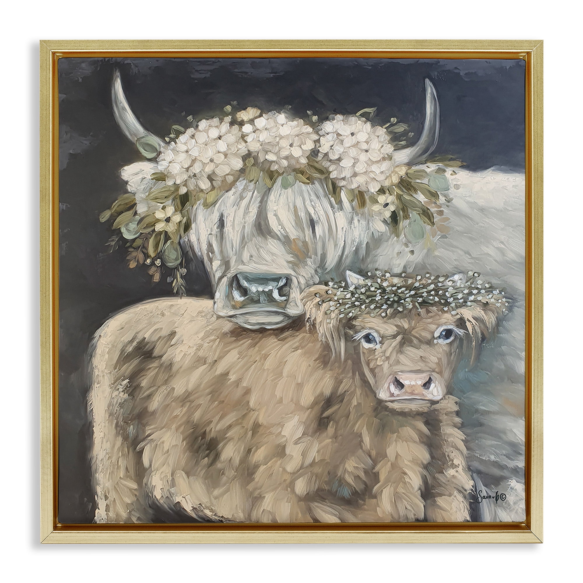 Stupell Industries Highland Cattle with Flower Garlands Animals & Insects Painting Gold Floater Framed Canvas Art Print Wall Art, 25 x 25