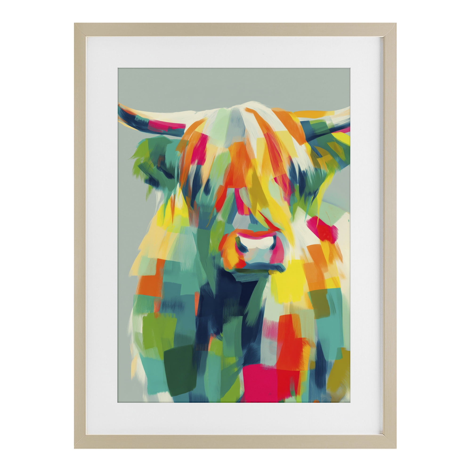 Stupell Industries Highland Cow Abstract Patchwork Birch Framed Print Under Glass, design by Chromatic Storm Studio