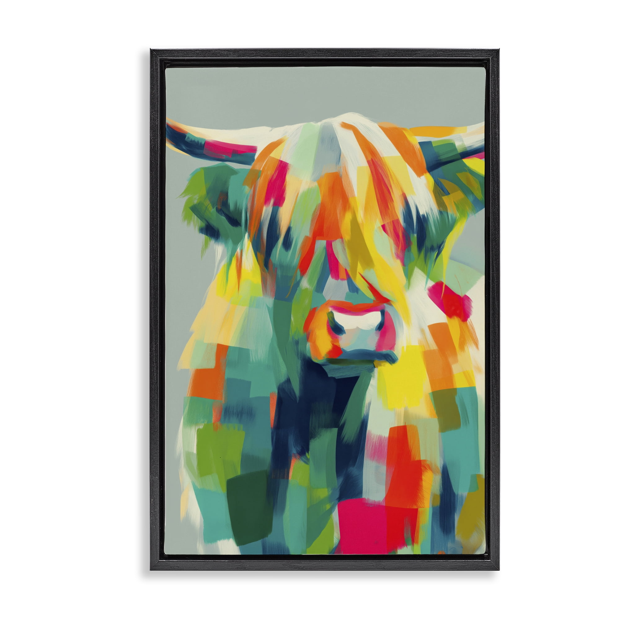 Stupell Industries Highland Cow Abstract Patchwork Black Framed Floater Canvas Wall Art, design by Chromatic Storm Studio