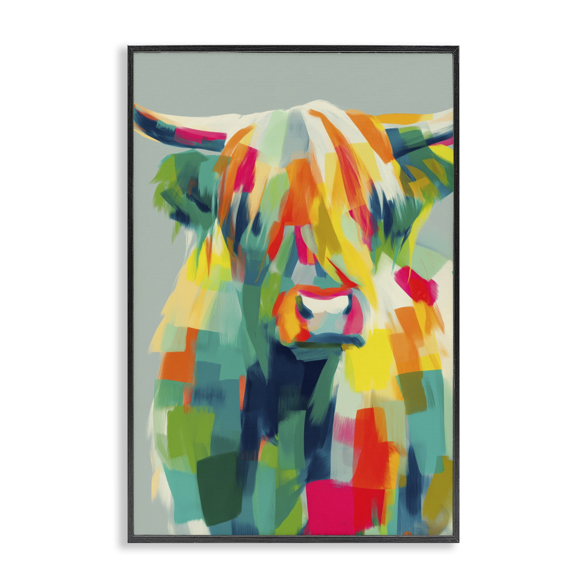 Stupell Industries Highland Cow Abstract Patchwork Black Framed Giclee Art, design by Chromatic Storm Studio