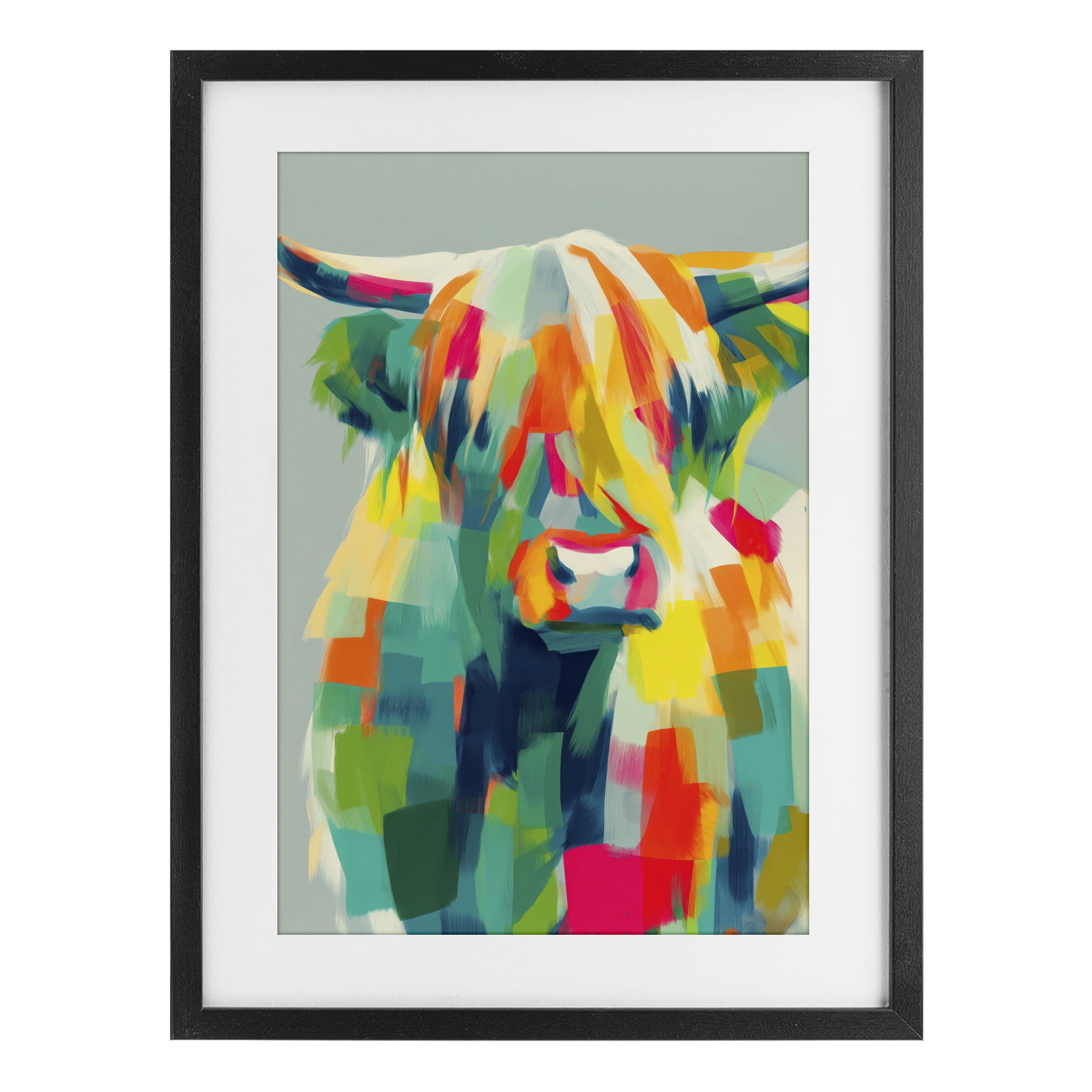 Stupell Industries Highland Cow Abstract Patchwork Black Framed Print Under Glass, design by Chromatic Storm Studio