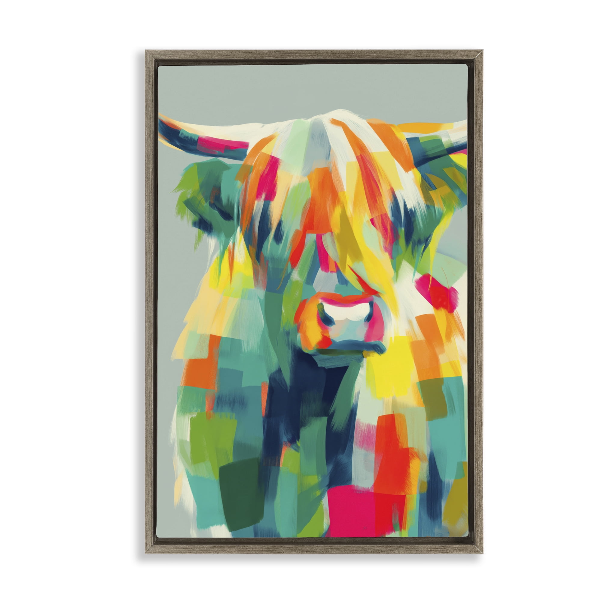 Stupell Industries Highland Cow Abstract Patchwork Brown Framed Floater Canvas Wall Art, design by Chromatic Storm Studio