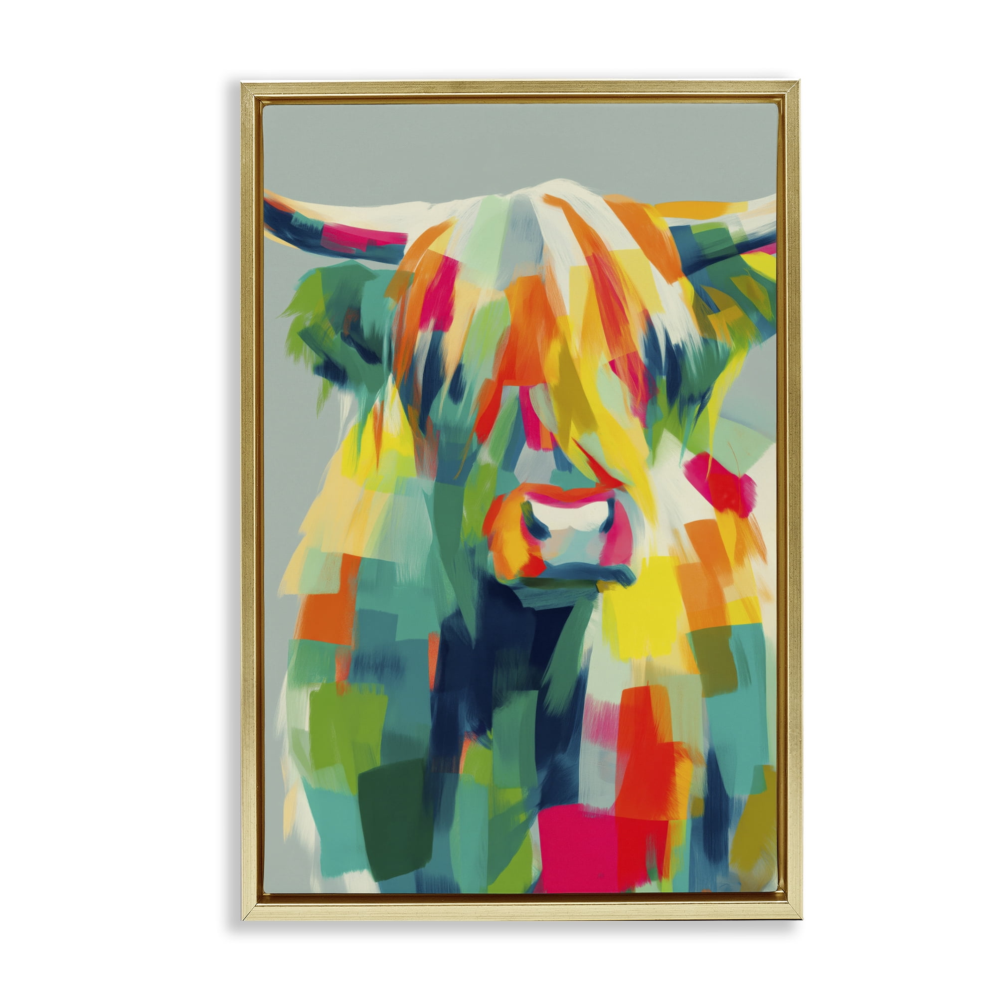 Stupell Industries Highland Cow Abstract Patchwork Gold Framed Floater Canvas Wall Art, design by Chromatic Storm Studio