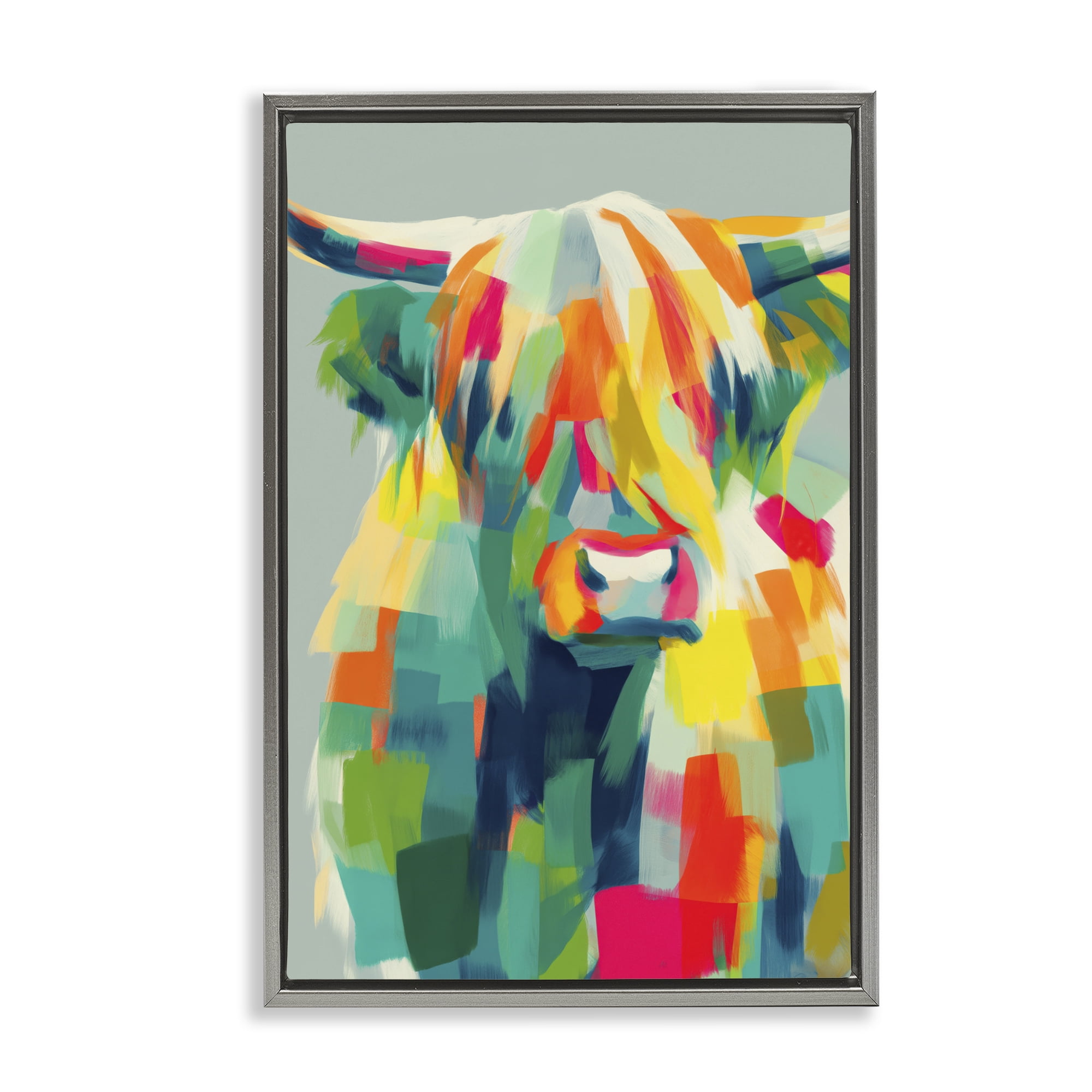 Stupell Industries Highland Cow Abstract Patchwork Gray Framed Floater Canvas Wall Art, design by Chromatic Storm Studio