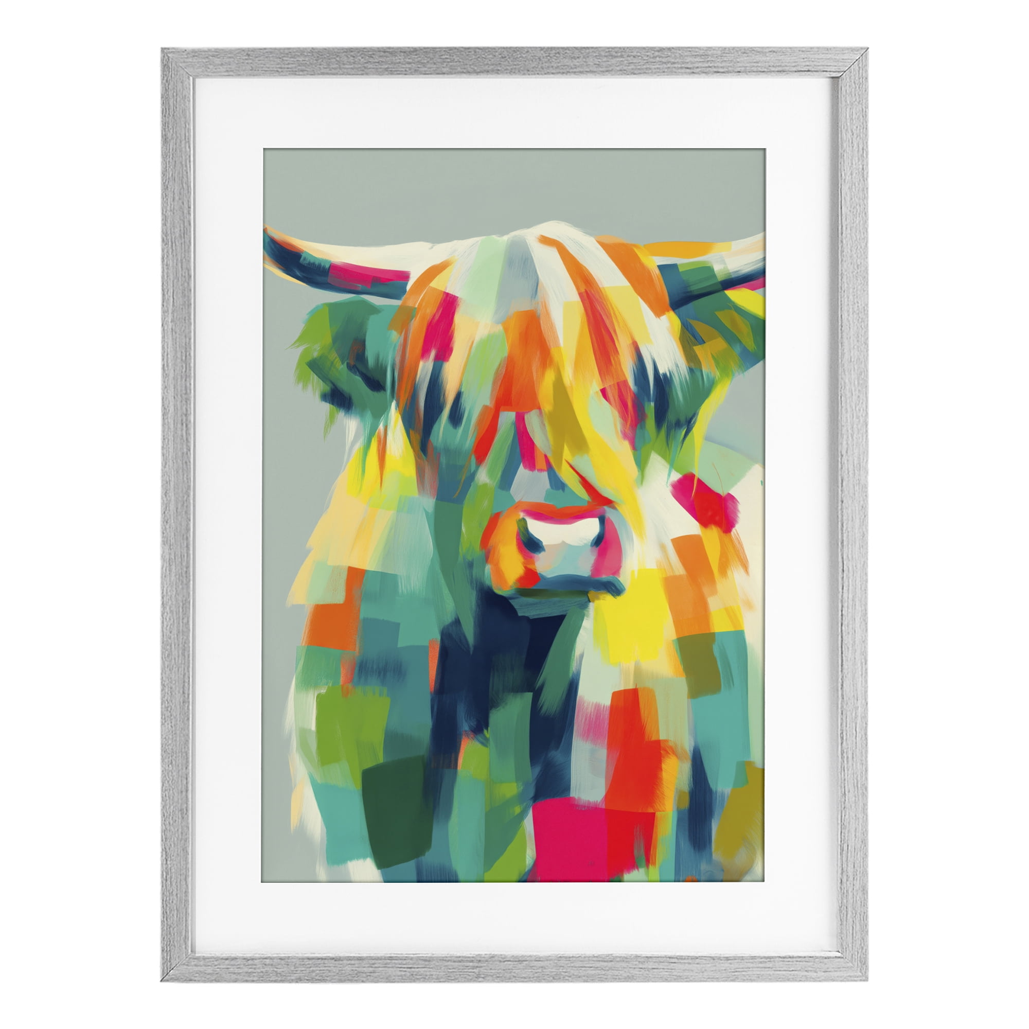 Stupell Industries Highland Cow Abstract Patchwork Gray Framed Print Under Glass, design by Chromatic Storm Studio