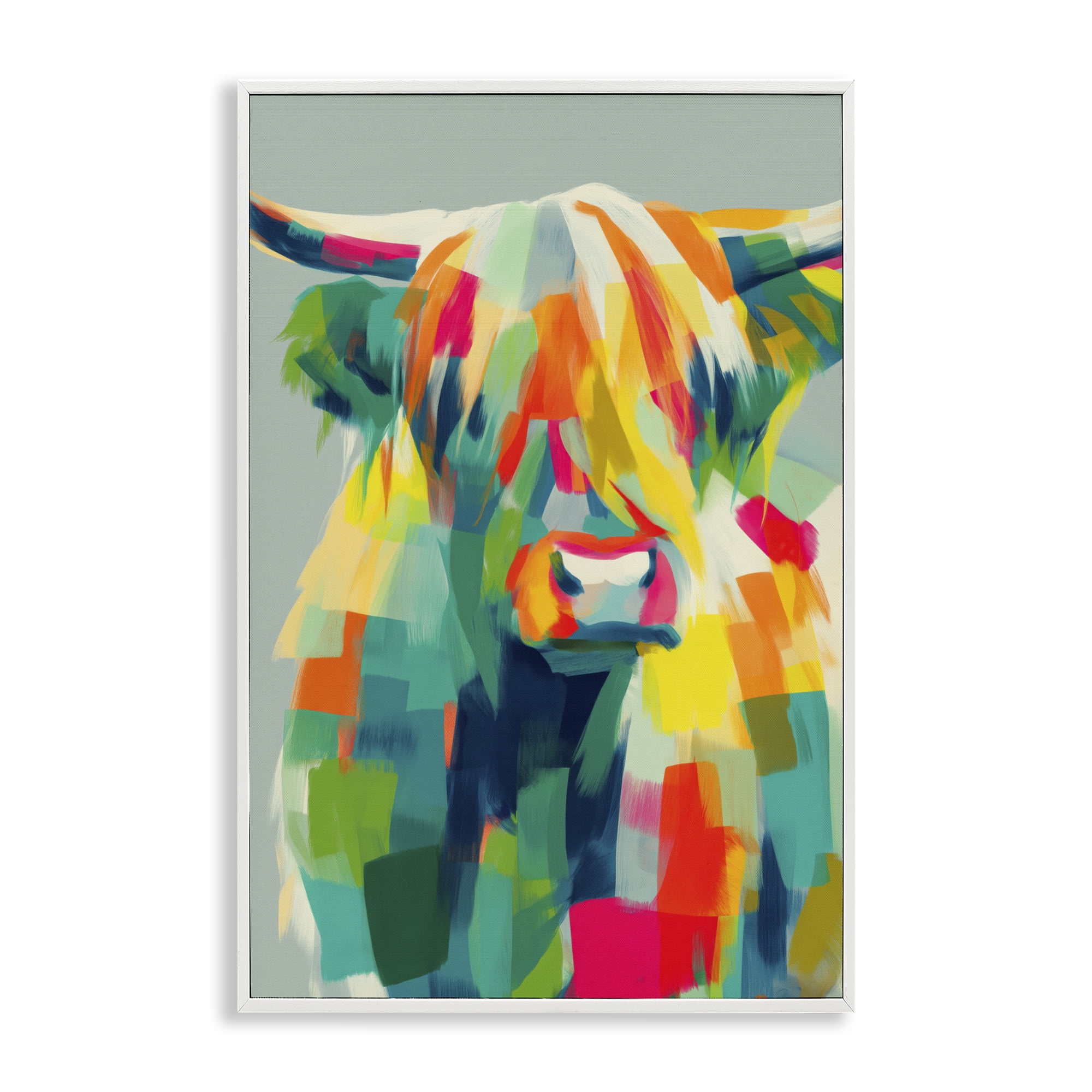 Stupell Industries Highland Cow Abstract Patchwork White Framed Giclee Art, design by Chromatic Storm Studio