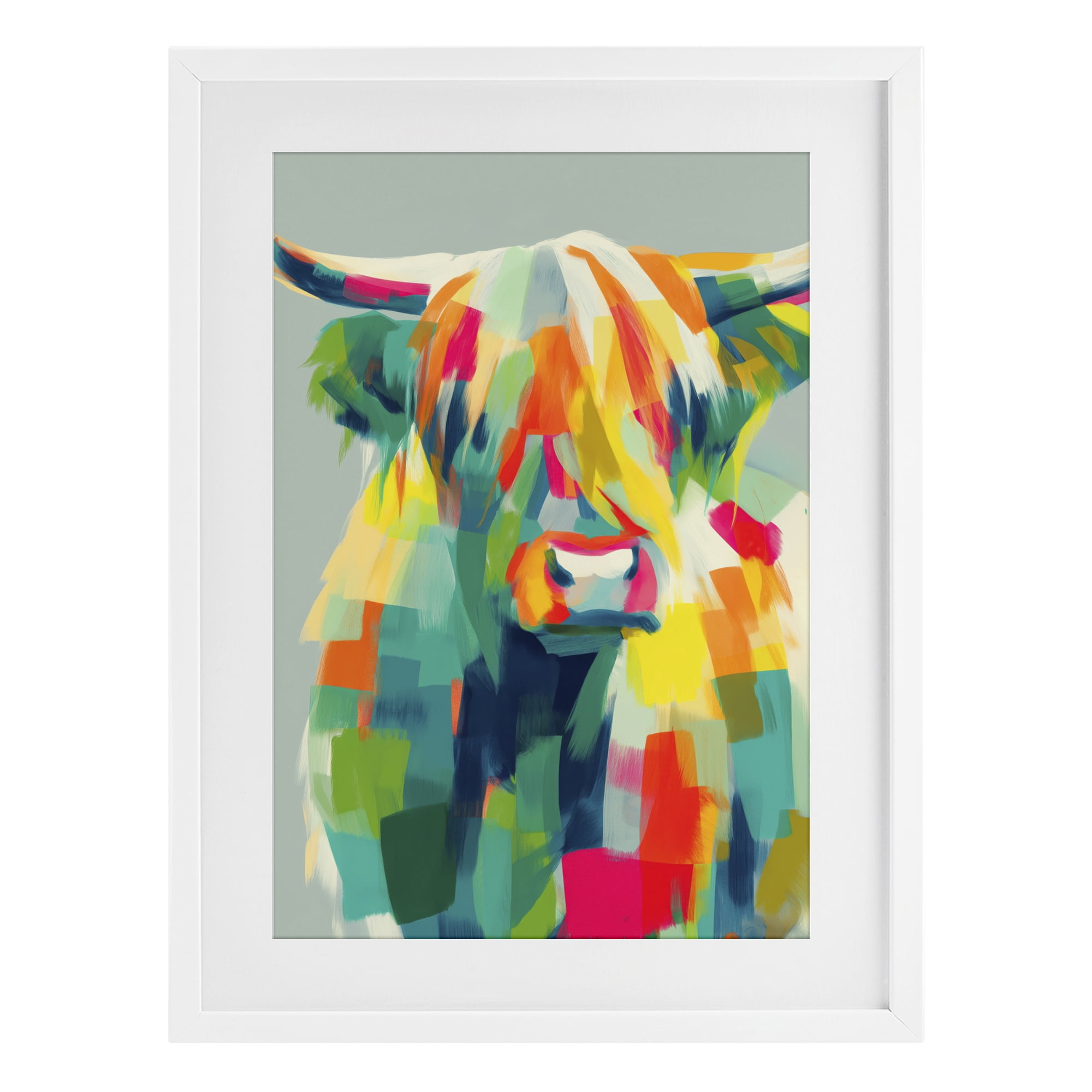 Stupell Industries Highland Cow Abstract Patchwork White Framed Print Under Glass, design by Chromatic Storm Studio