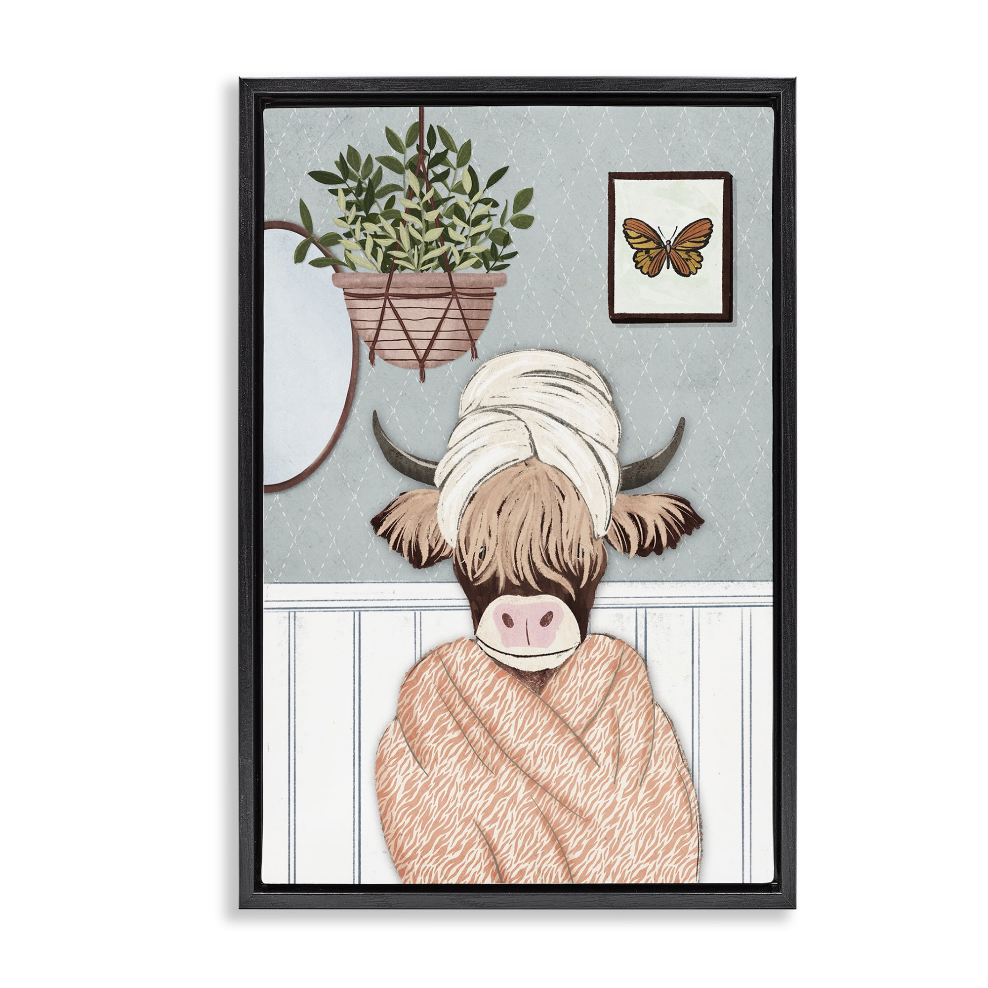 Stupell Industries Highland Cow Bathrobe Typography Painting Black Floater Framed Canvas Art Print Wall Art, 21 x 31