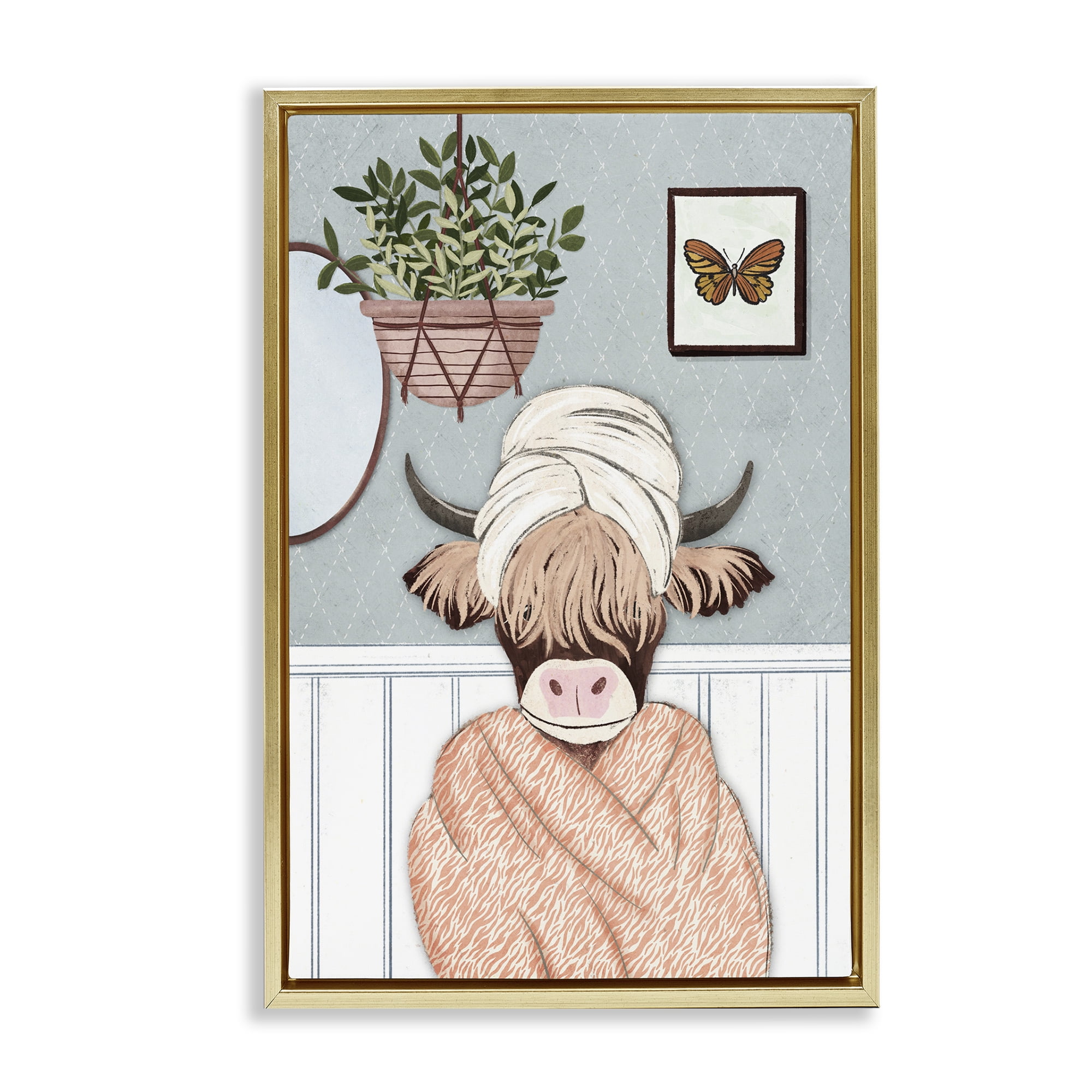 Stupell Industries Highland Cow Bathrobe Typography Painting Gold Floater Framed Canvas Art Print Wall Art, 21 x 31
