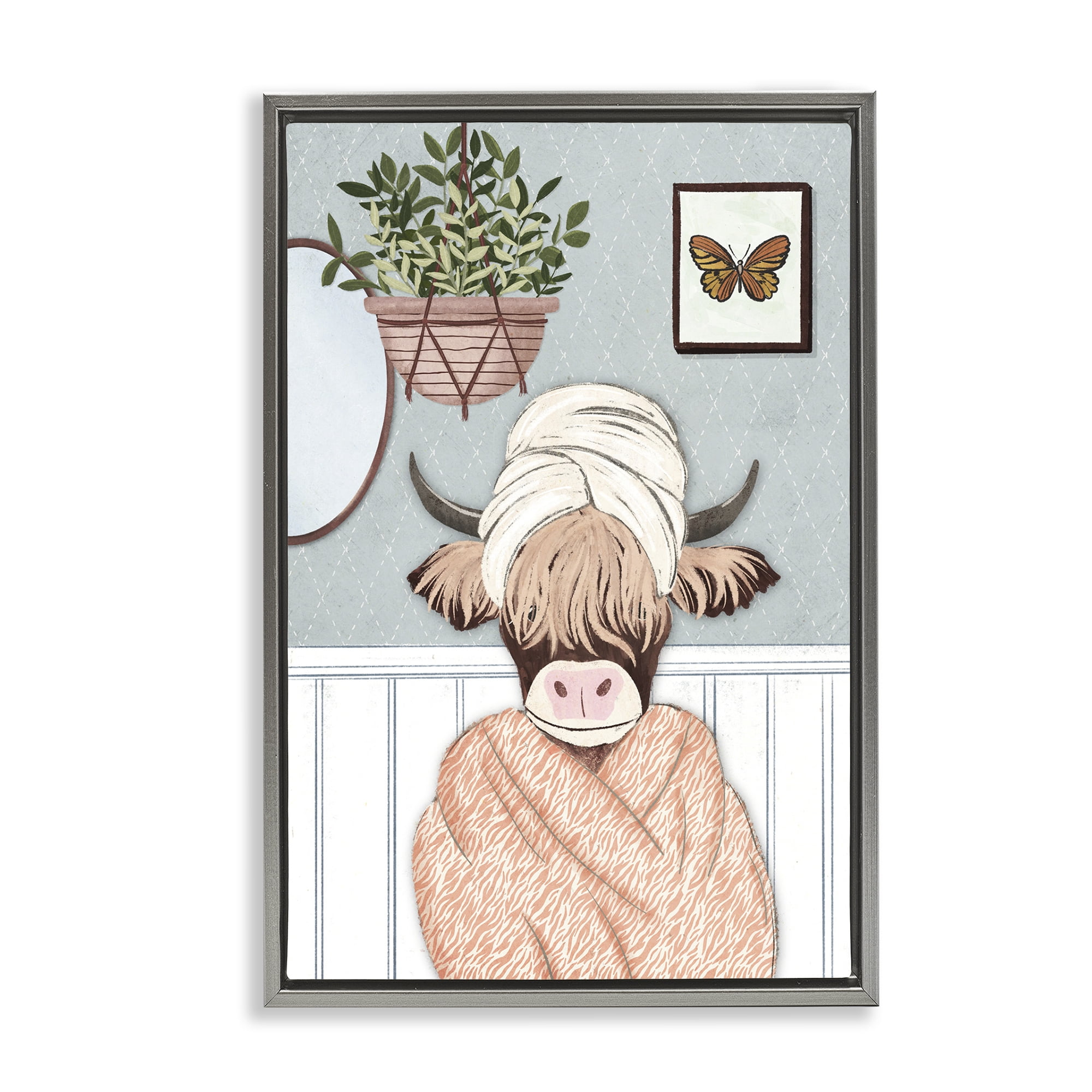 Stupell Industries Highland Cow Bathrobe Typography Painting Gray Floater Framed Canvas Art Print Wall Art, 17 x 25