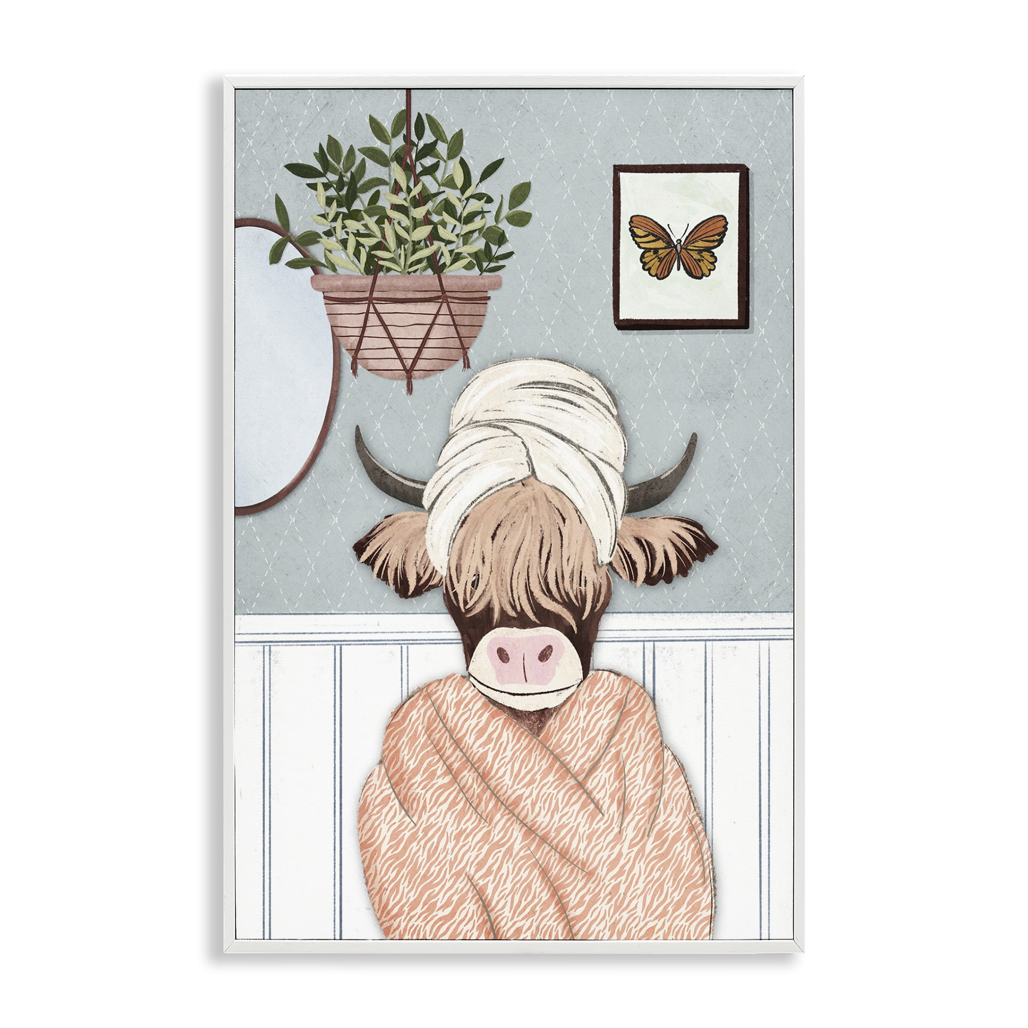 Stupell Industries Highland Cow Bathrobe Typography Painting White Framed Art Print Wall Art, 16 x 24