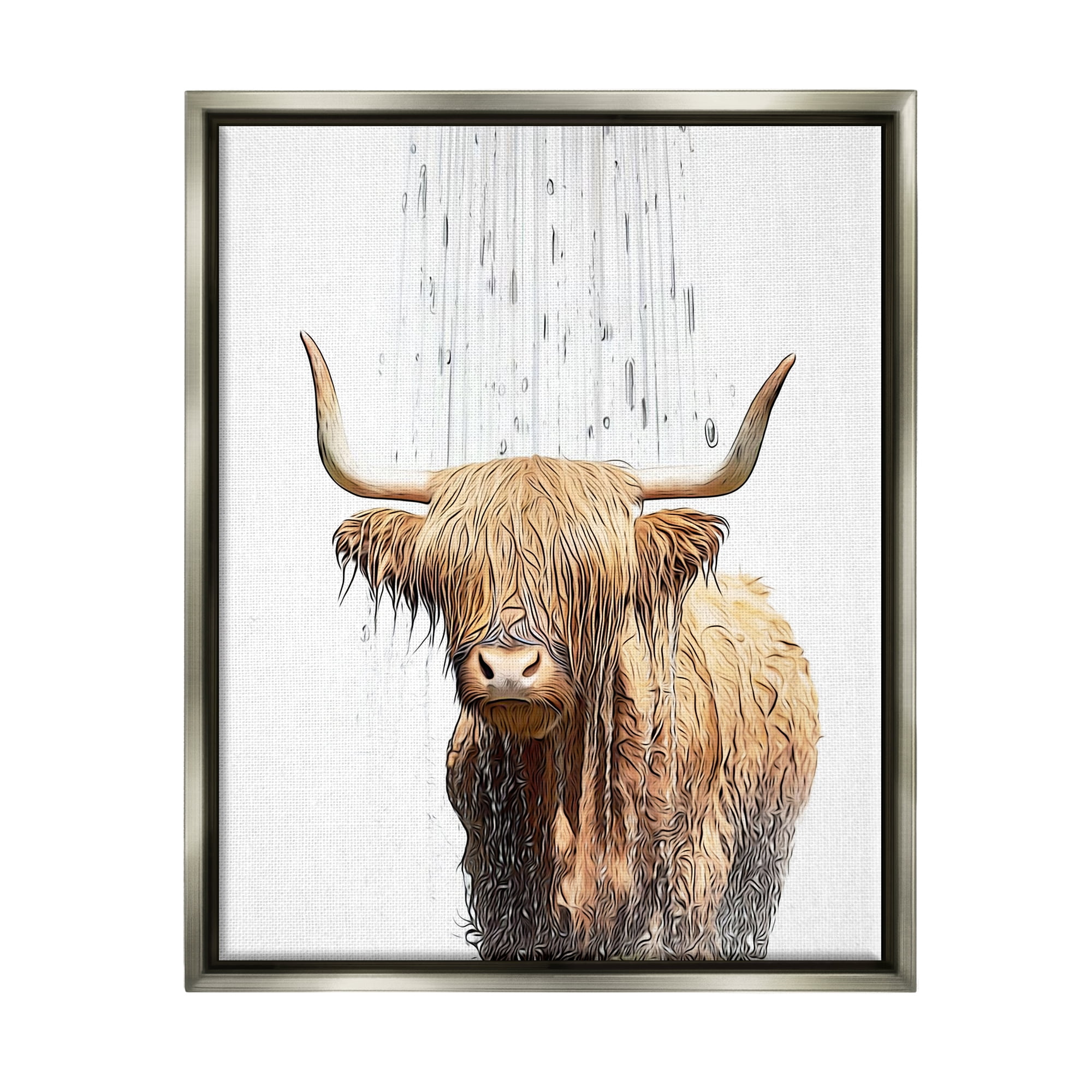 Stupell Industries Highland Cow Bathroom Splash Animals & Insects Painting Gray Floater Framed Canvas Art Print Wall Art, 25 x 31