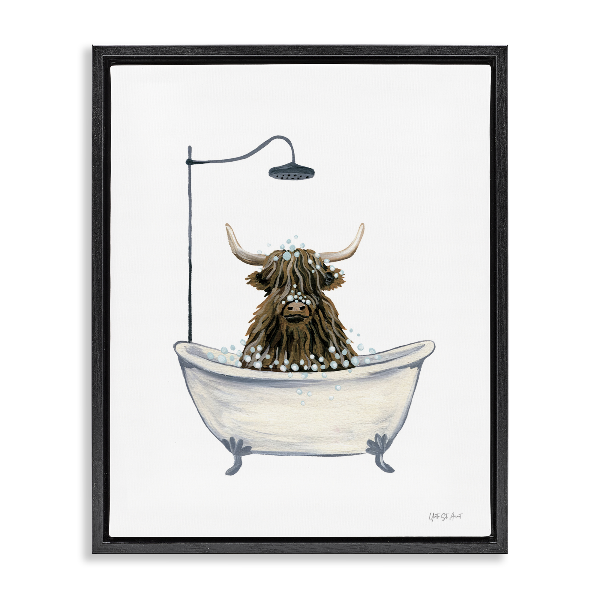 Stupell Industries Highland Cow Bathtub Typography Painting Black Floater Framed Canvas Art Print Wall Art, 17 x 21