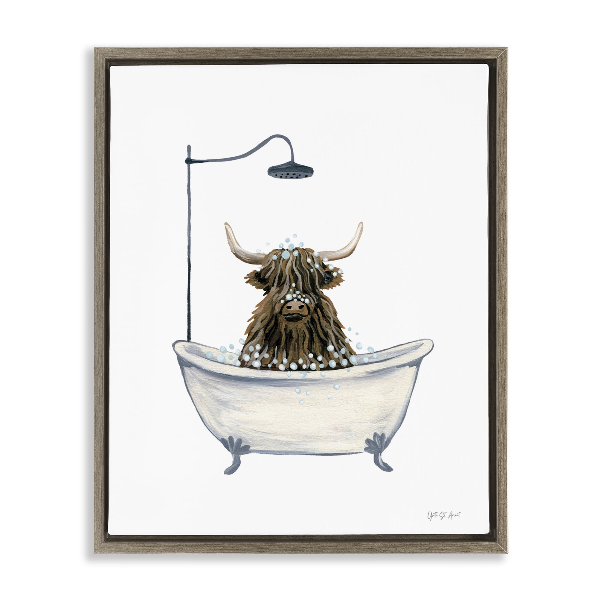 Stupell Industries Highland Cow Bathtub Typography Painting Brown Floater Framed Canvas Art Print Wall Art, 25 x 31