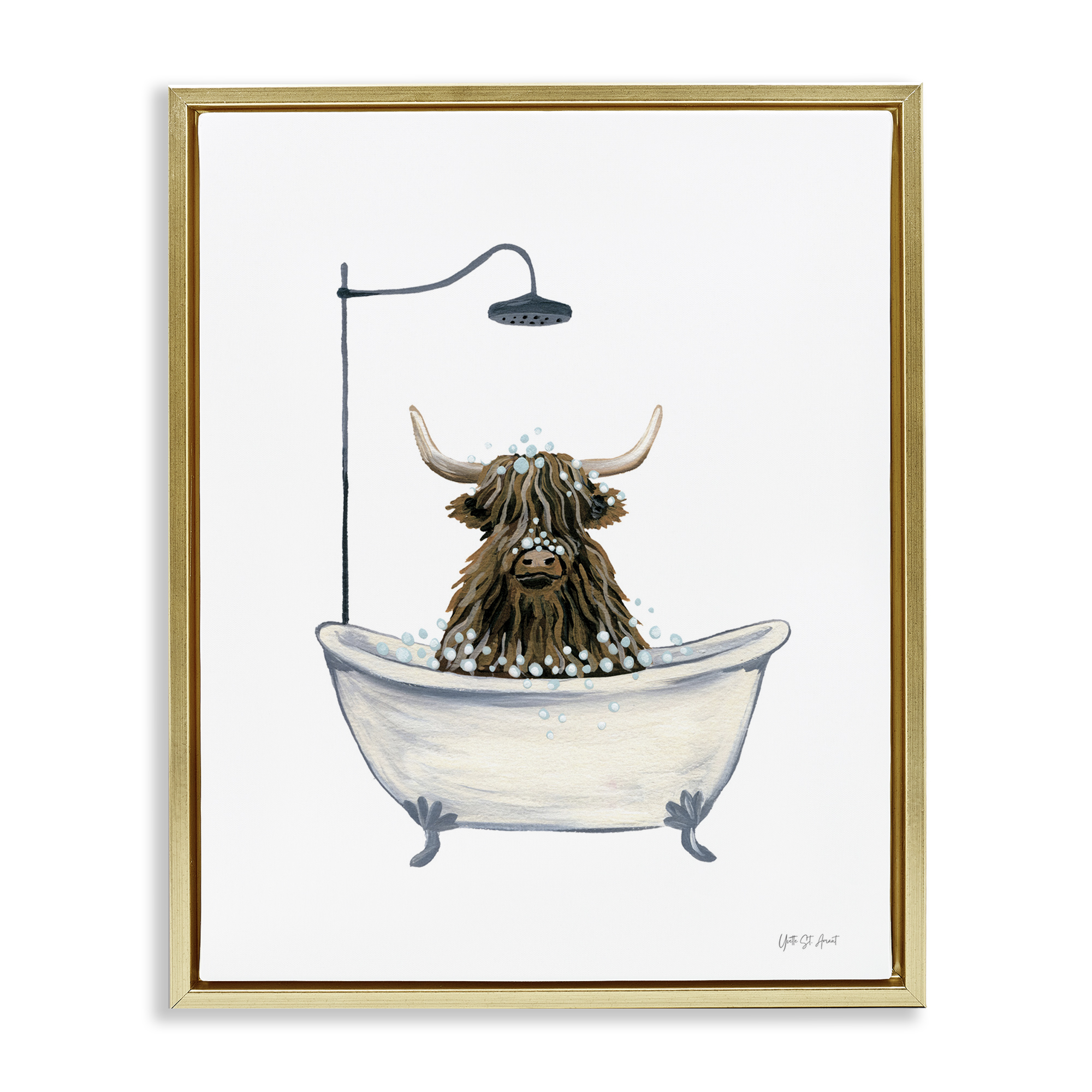 Stupell Industries Highland Cow Bathtub Typography Painting Gold Floater Framed Canvas Art Print Wall Art, 17 x 21