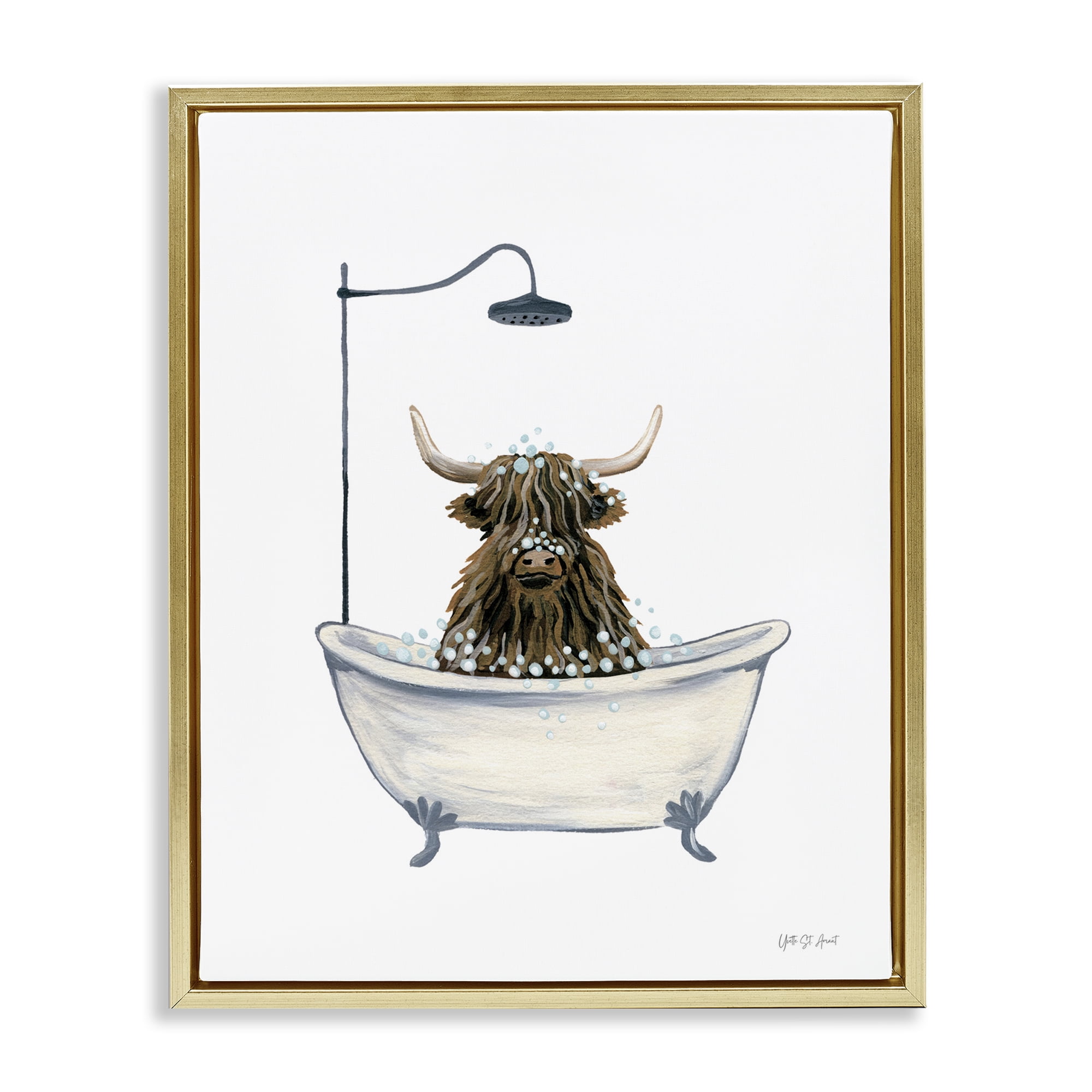Stupell Industries Highland Cow Bathtub Typography Painting Gold Floater Framed Canvas Art Print Wall Art, 25 x 31