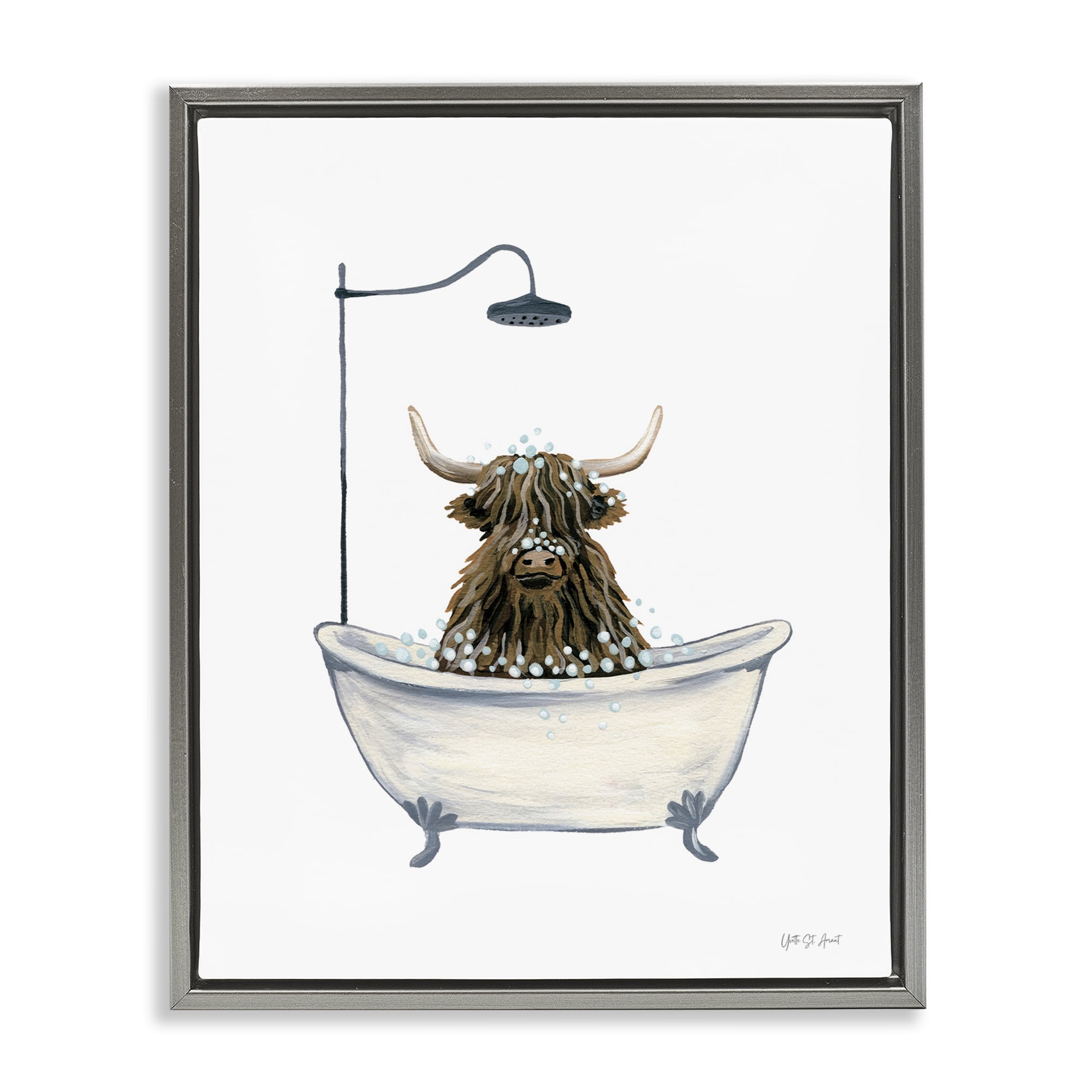 Stupell Industries Highland Cow Bathtub Typography Painting Gray Floater Framed Canvas Art Print Wall Art, 25 x 31