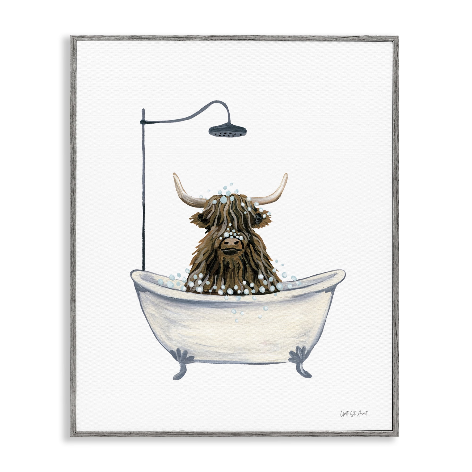 Stupell Industries Highland Cow Bathtub Typography Painting Gray Framed Art Print Wall Art, 24 x 30