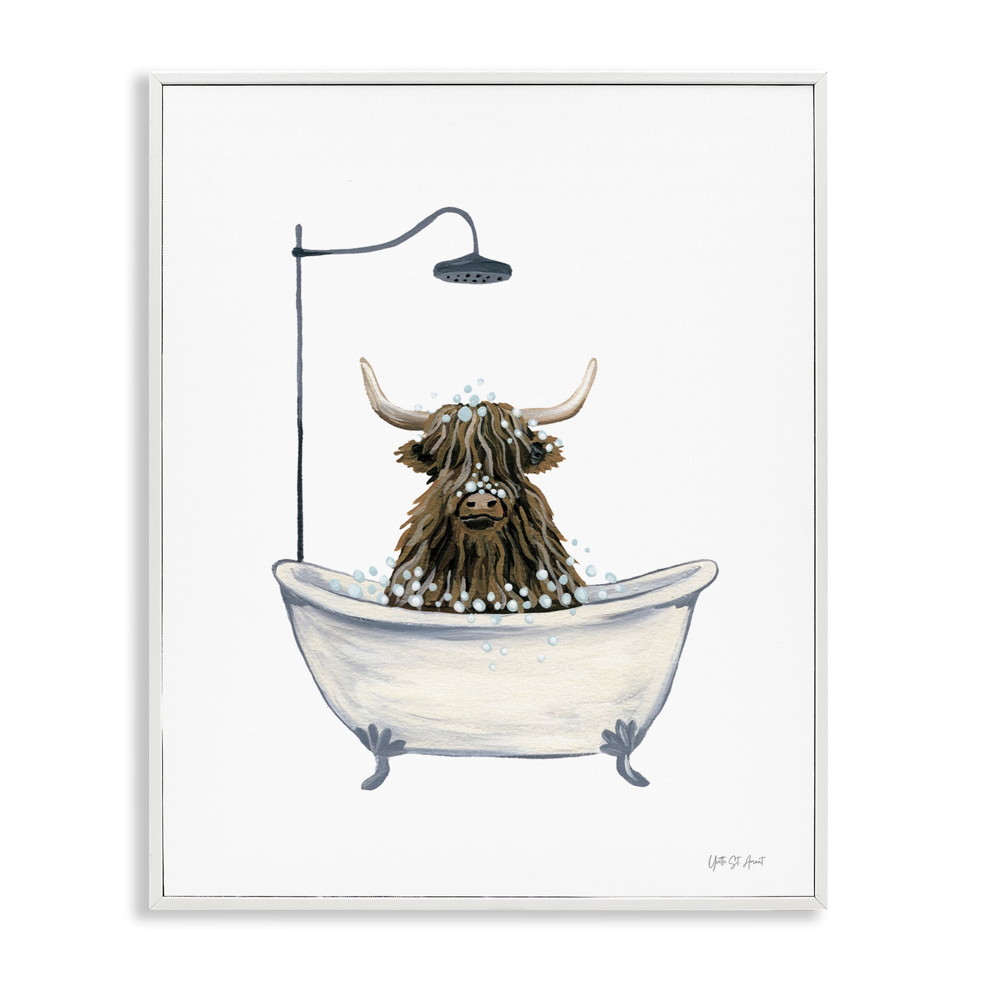 Stupell Industries Highland Cow Bathtub Typography Painting White Framed Art Print Wall Art, 16 x 20