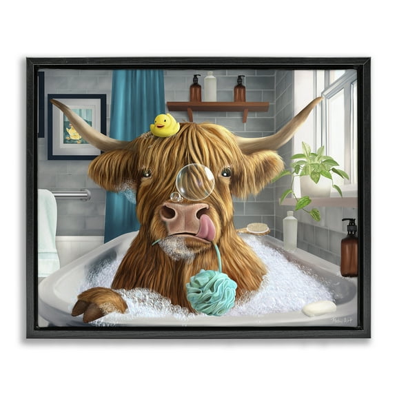 Stupell Industries Highland Cow Bubble Bath Bath & Laundry Painting Black Floater Framed Canvas Art Print Wall Art, 21 x 17