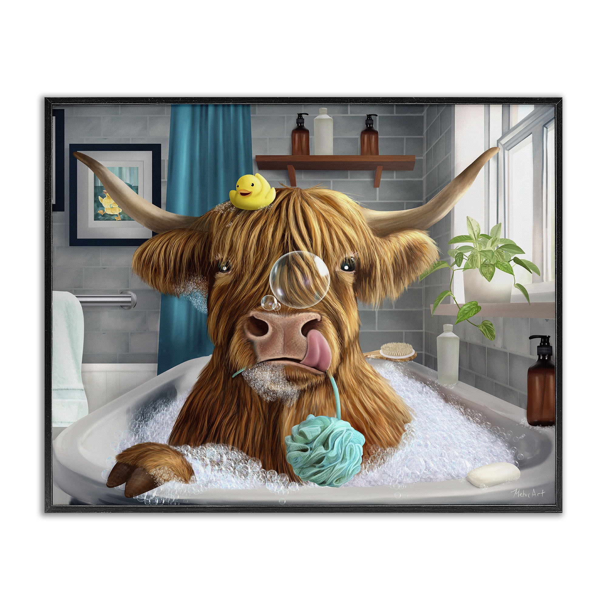 Stupell Industries Highland Cow Bubble Bath Bath & Laundry Painting Black Framed Art Print Wall Art, 20 x 16