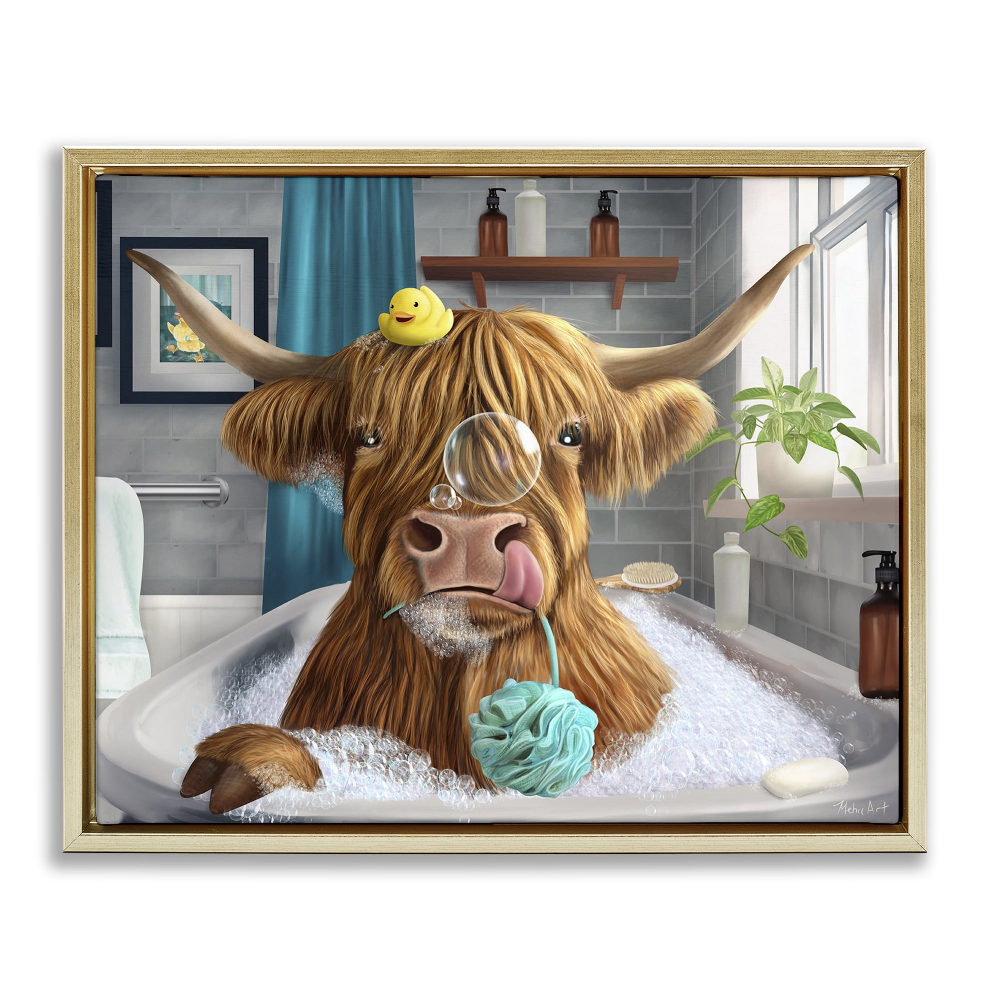 Stupell Industries Highland Cow Bubble Bath Bath & Laundry Painting Gold Floater Framed Canvas Art Print Wall Art, 21 x 17