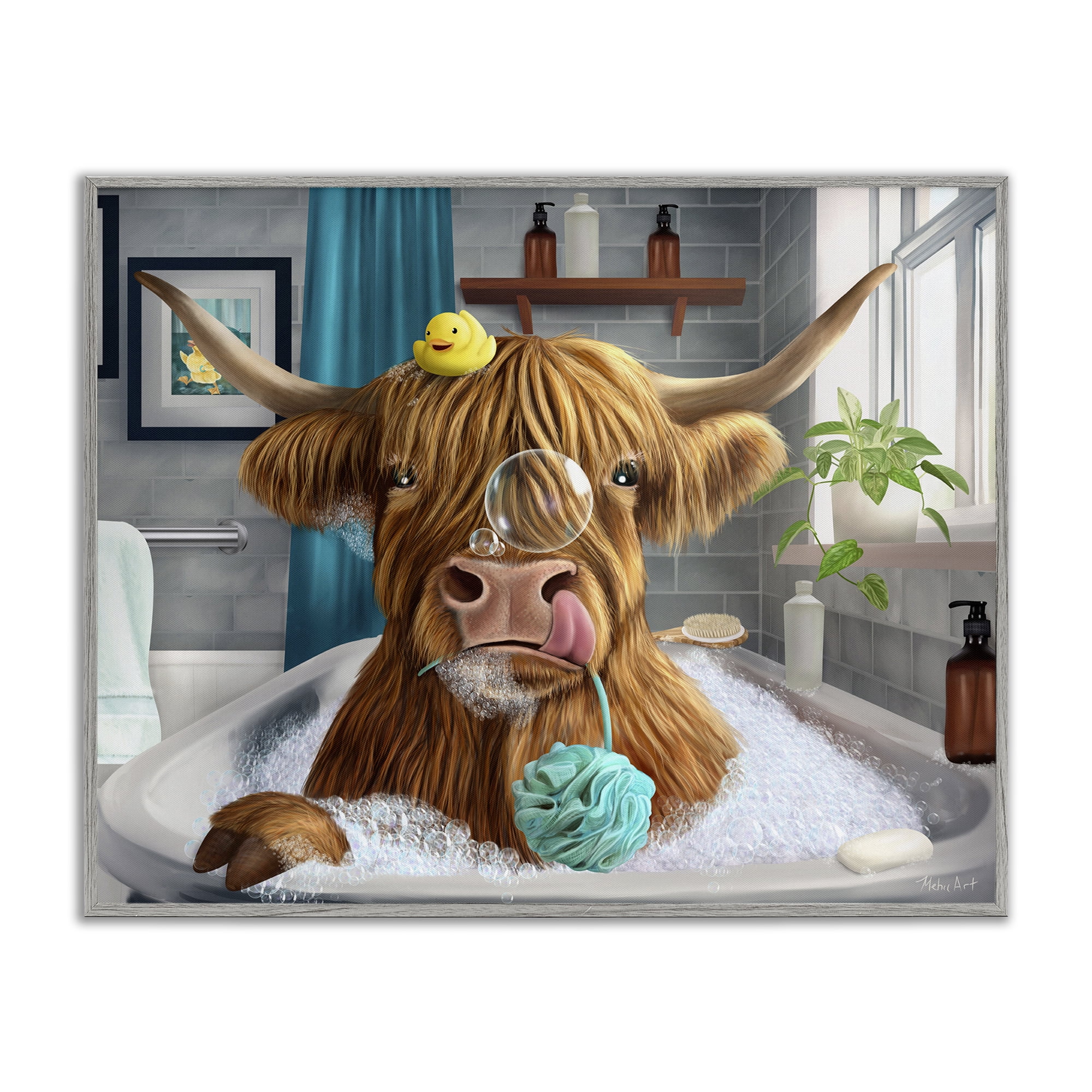 Stupell Industries Highland Cow Bubble Bath Bath & Laundry Painting Gray Framed Art Print Wall Art, 30 x 24