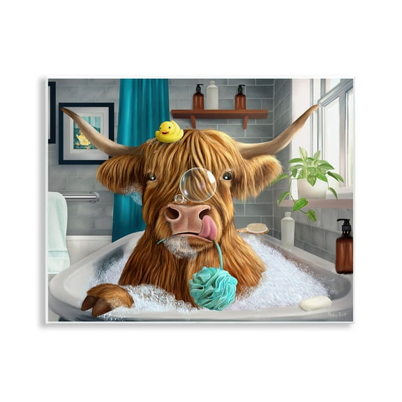 Stupell Industries Highland Cow Bubble Bath Bath & Laundry Painting Unframed Art Print Wall Art, 14 x 11