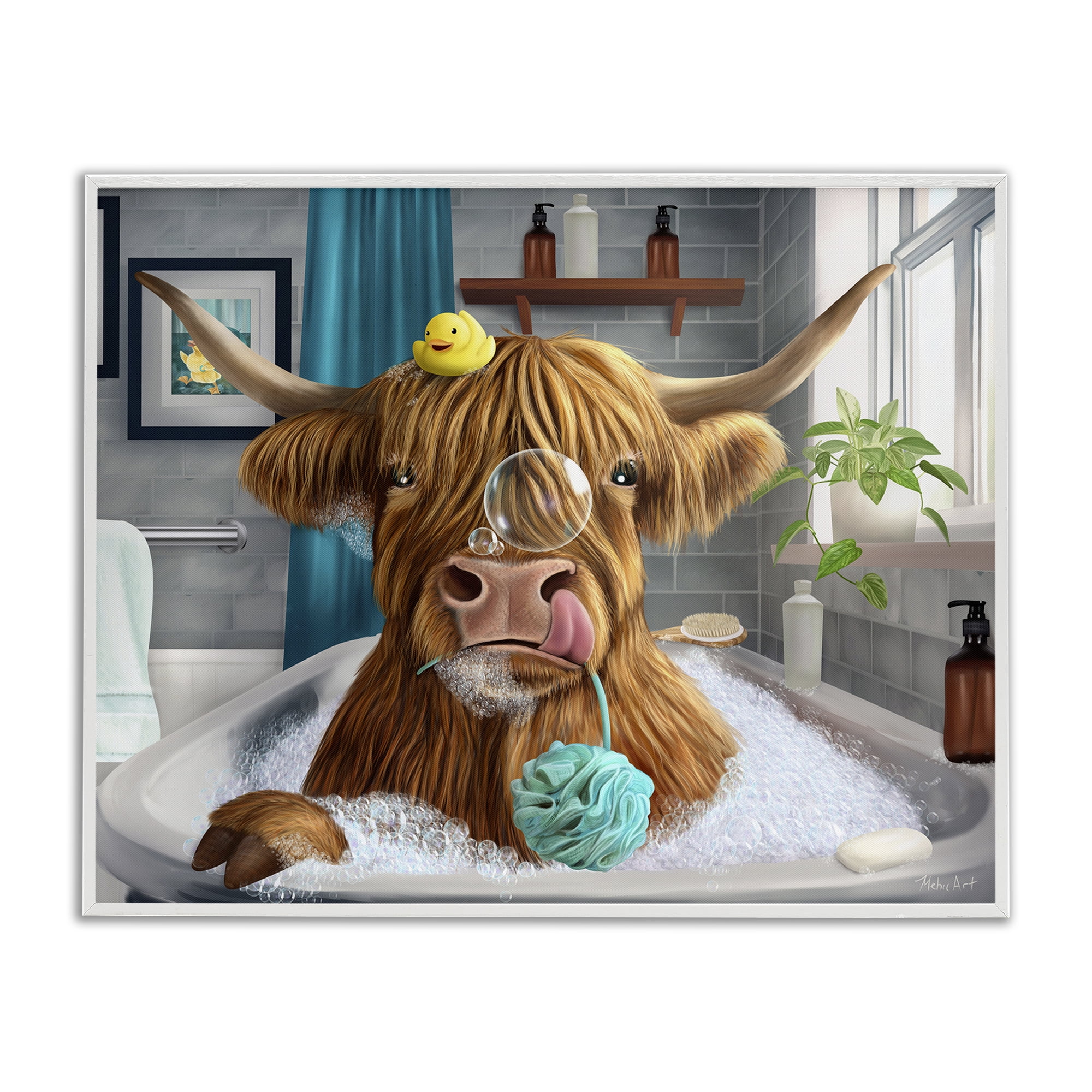 Stupell Industries Highland Cow Bubble Bath Bath & Laundry Painting White Framed Art Print Wall Art, 20 x 16