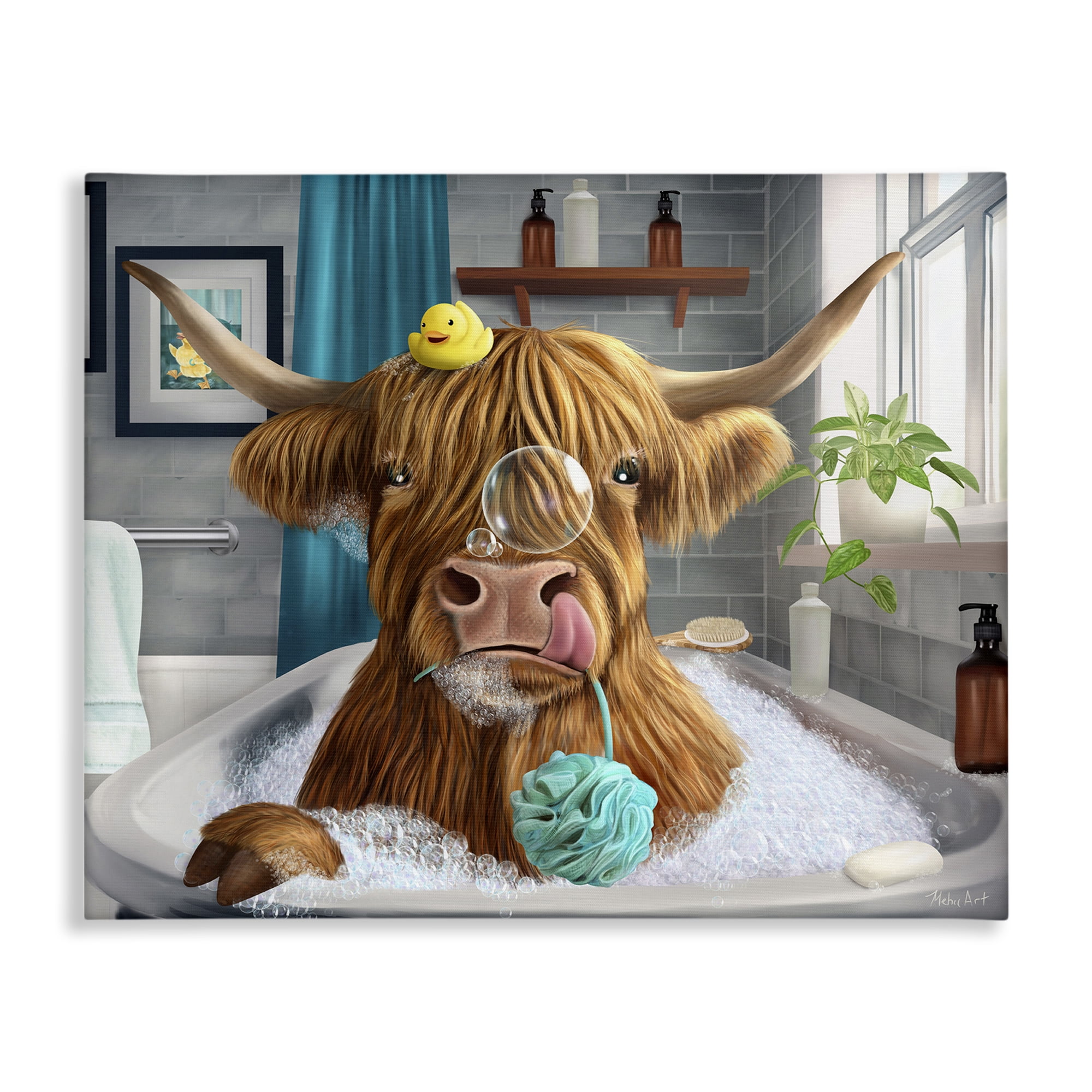 Stupell Industries Highland Cow Bubble Bath Bath & Laundry Painting Wrapped Canvas Art Print Wall Art, 48 x 36